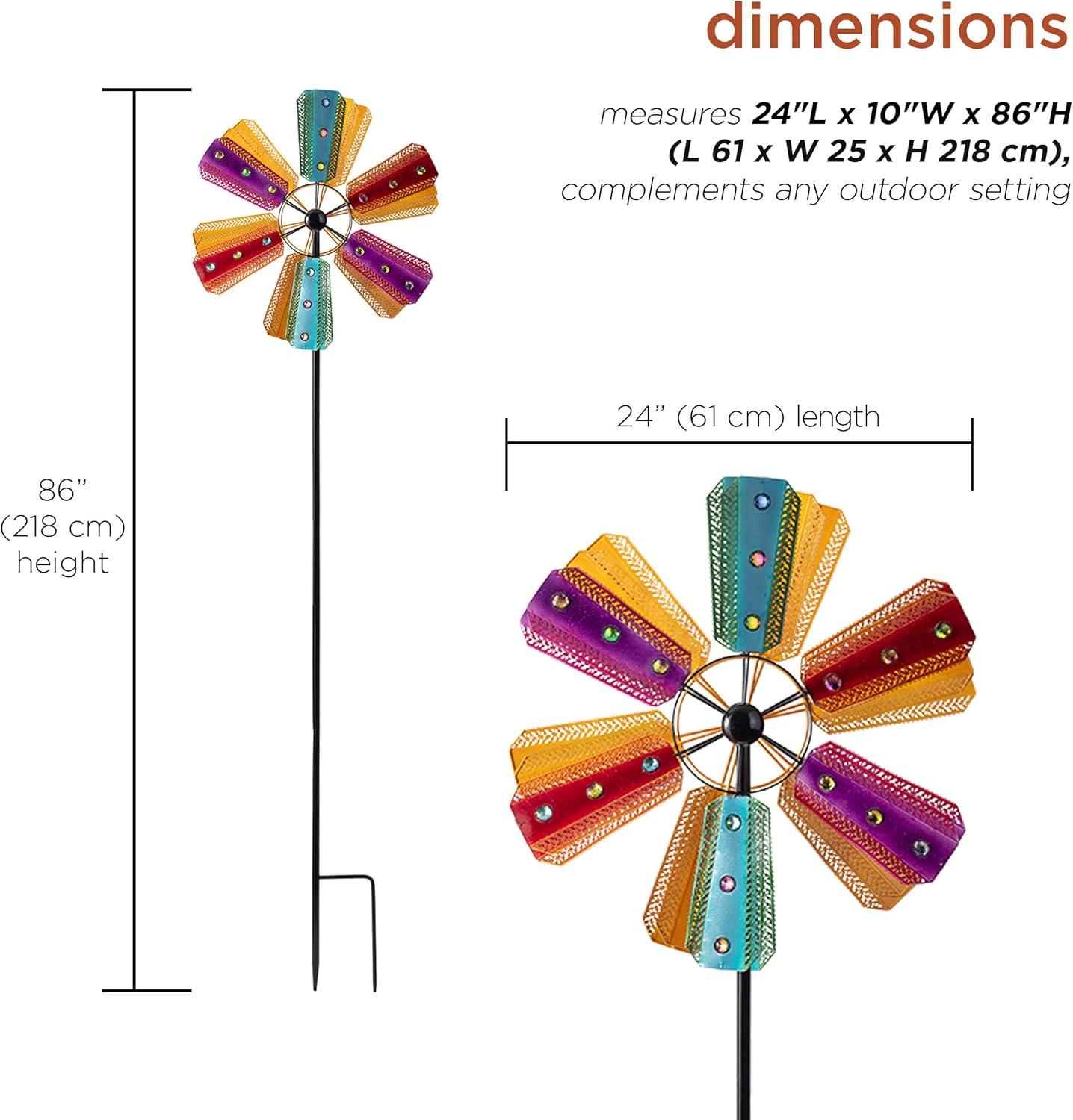 Colorful Bejeweled Metal Windmill Spinner Garden Stake - Alpine Corporation: Decorative Yard Art, Iron Crafted, Multicolored Gems