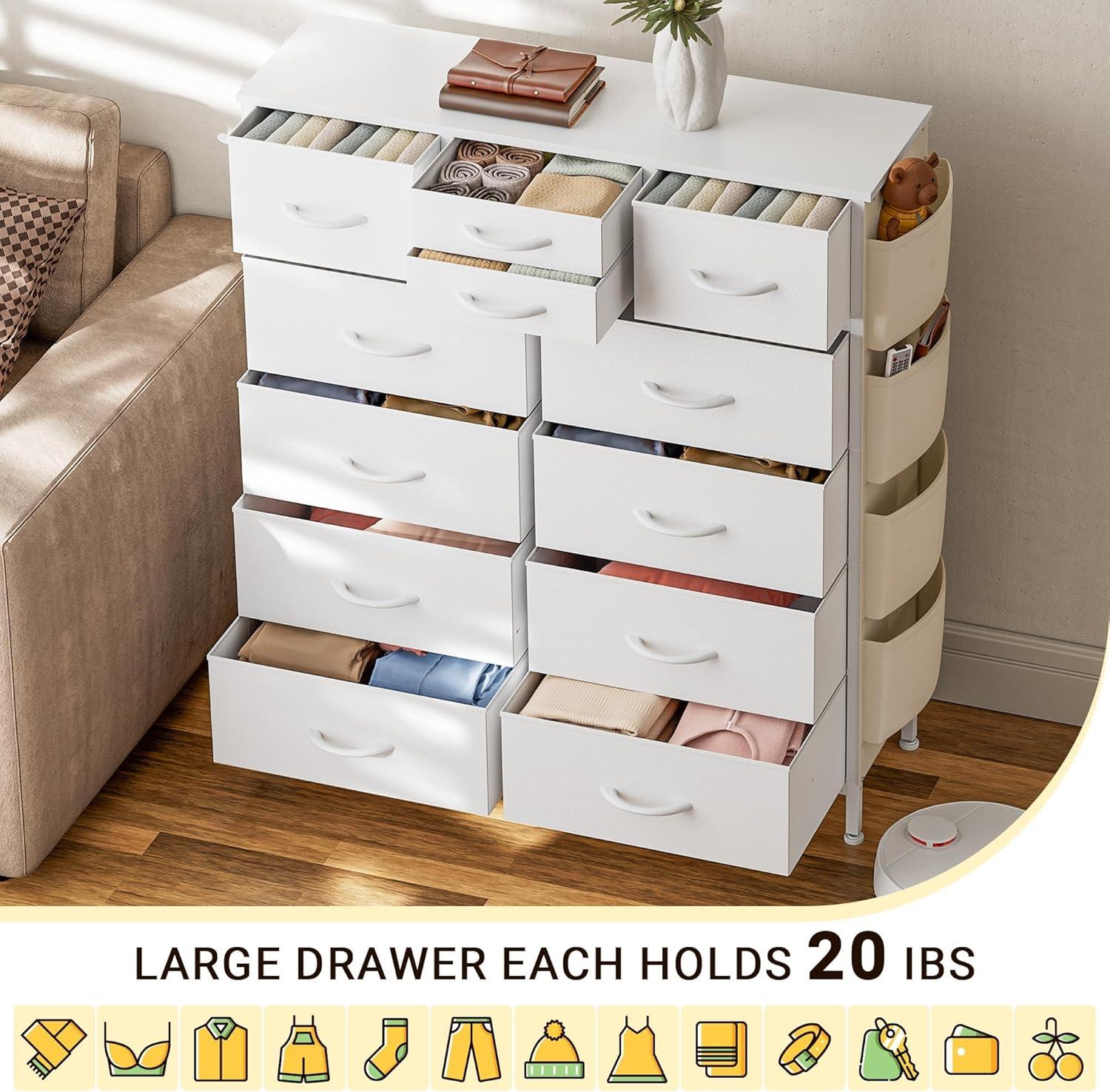 GIKPAL 12 Drawer Dresser, White Dresser Chest of Drawers Dressers for Bedroom PU&Fabric Dresser with Side Pockets and Hooks, White