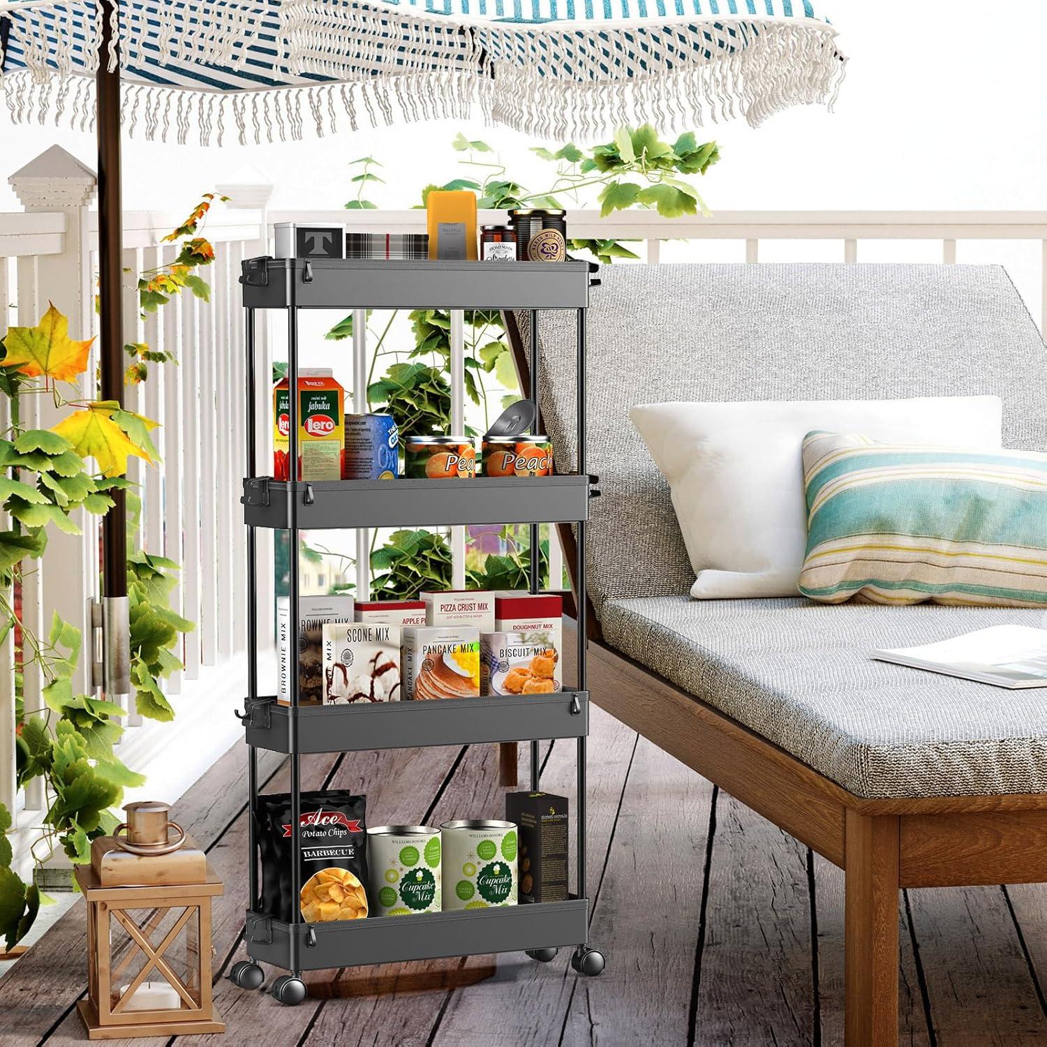 Black 4-Tier Rolling Storage Cart with Adjustable Shelves