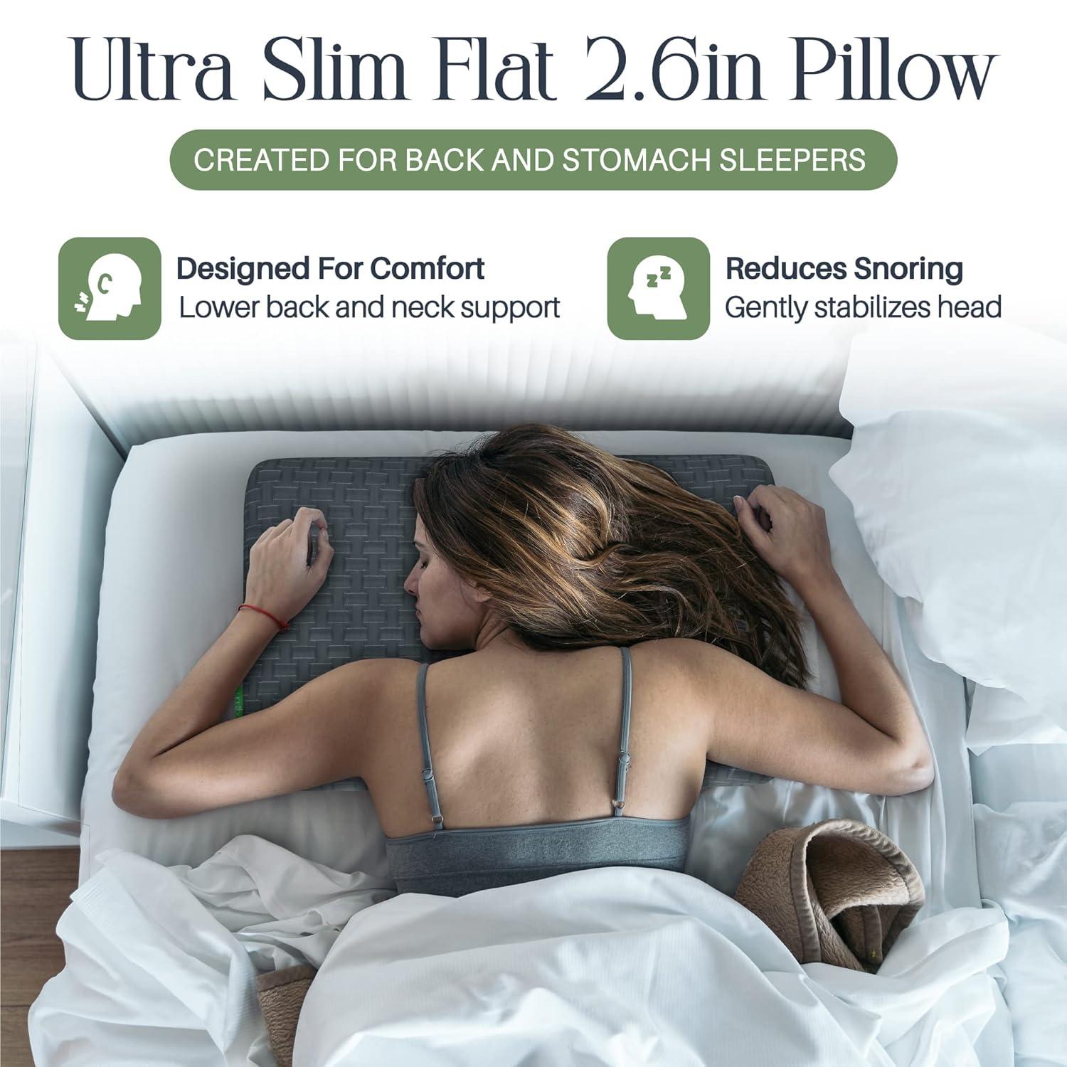 Umiboo by Focus Thin 2.5-Inch Memory Foam Pillow for Stomach and Back Sleepers 2-Pack (Gray)