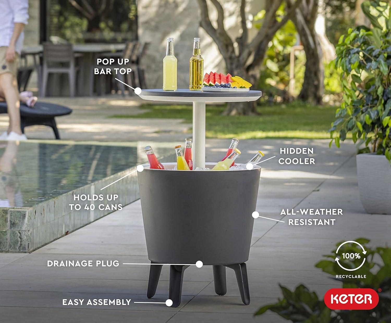 Keter Keter 32 Qt. Cool Bar Cooler Outdoor Weather Resistant Patio Furniture 2 in 1 Pop Up Cocktail Side Table and Beverage Cooler Combo