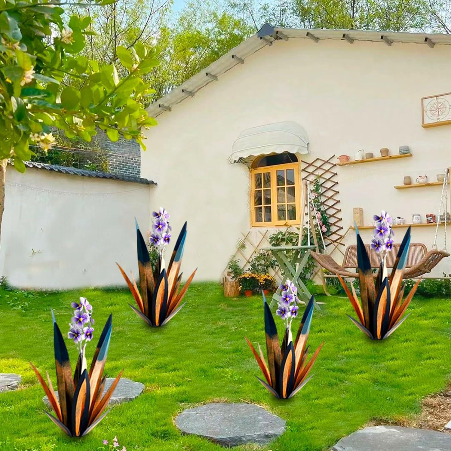 Metal Agave Plants, 2 Pack Big Tequila Rustic Sculpture, Rustic Metal Agave Plants Lawn Ornaments, for Yard Stakes, Garden Figurines, Outdoor Patio (2 PCS Colorful)