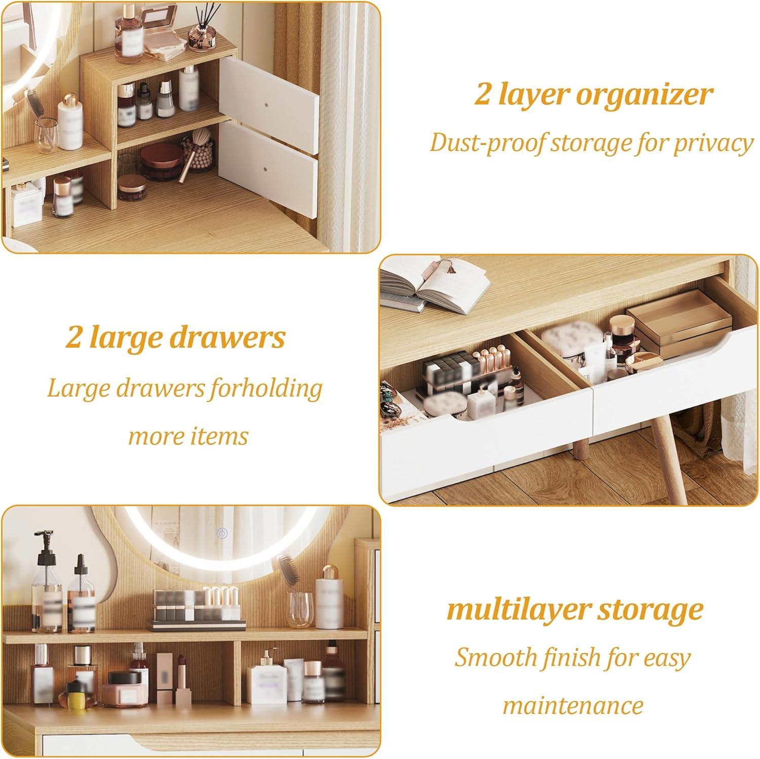 Vanity Desk with Mirror and Lights, White Makeup Vanity Chair Set with Fold-up Panel, Dressing Table with 5 Drawers and Shelves, 3 Lighting Modes, Brightness Adjustable