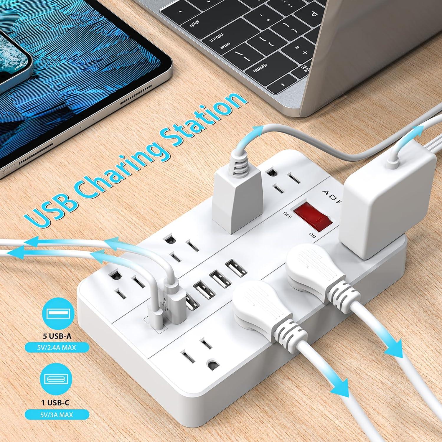 White 5 ft Power Strip with 8 Outlets and 6 USB Ports