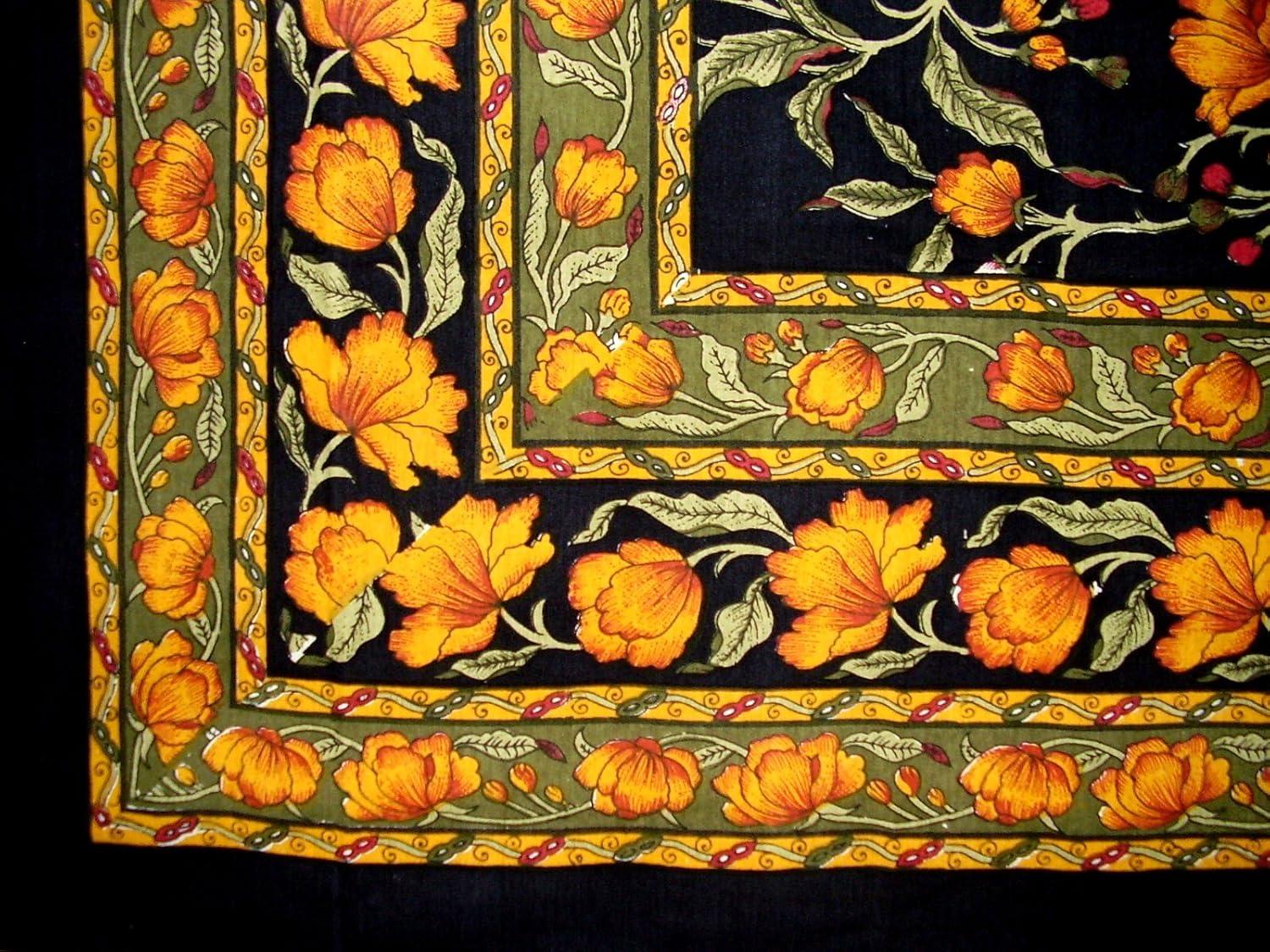 French Floral Square Cotton Tablecloth 60" x 60" Amber on Black