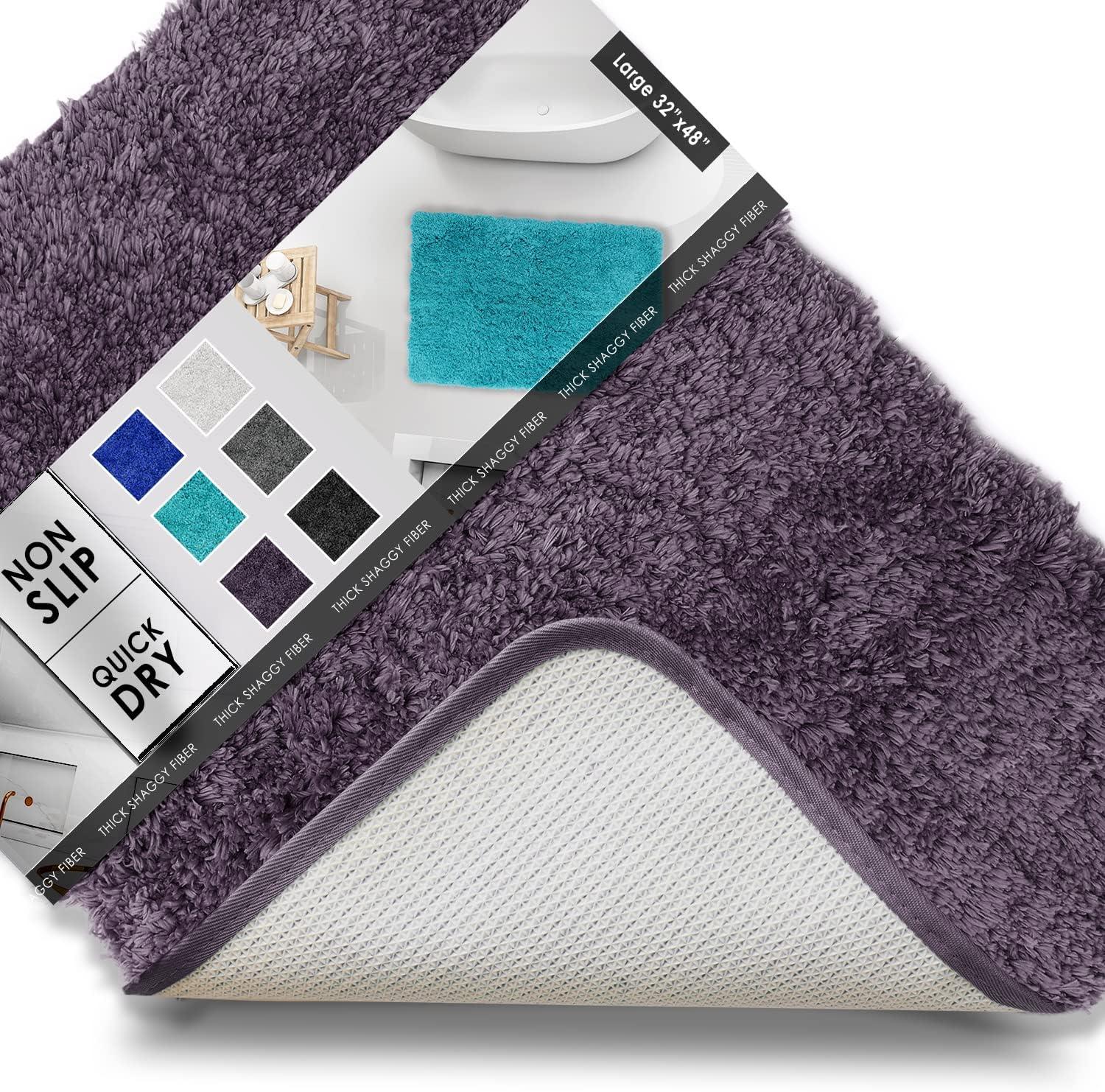 Clara Clark Shaggy Bath Rug with Non-Slip Backing Rubber - Machine Washable Super Soft Bathmat - Plush Absorbent Bathroom Rug, Large - 32 x 48, Eggplant