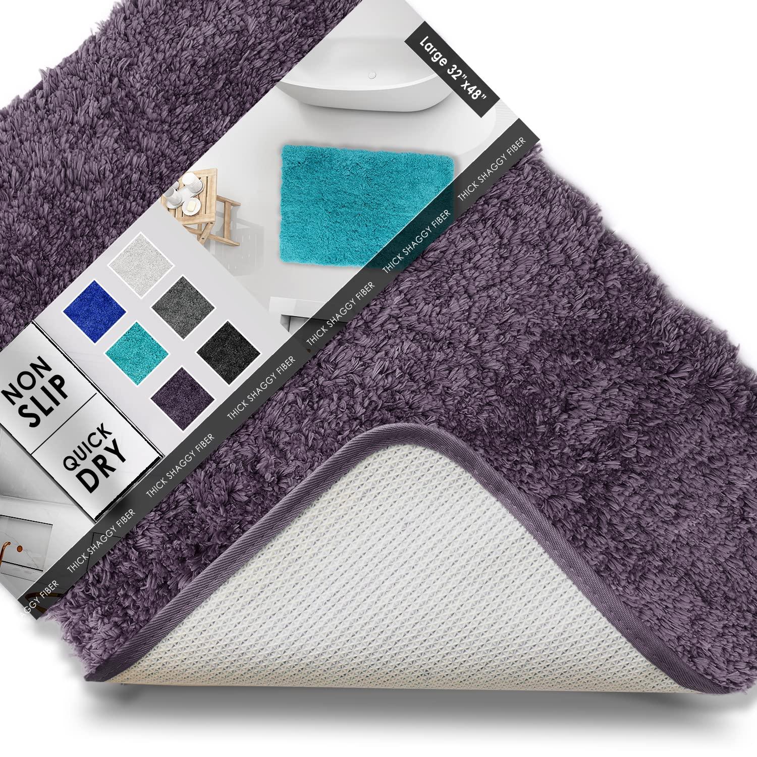 Clara Clark Shaggy Bath Rug with Non-Slip Backing Rubber - Machine Washable Super Soft Bathmat - Plush Absorbent Bathroom Rug, Large - 32 x 48, Eggplant