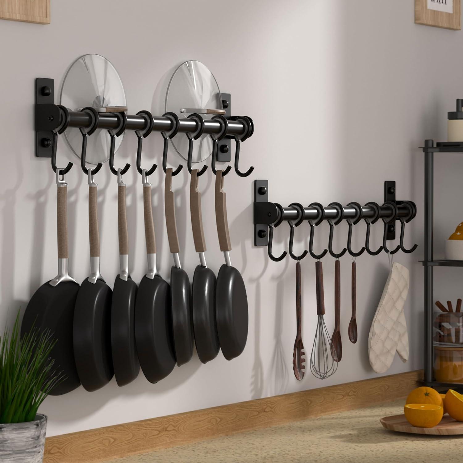 Black Stainless Steel Wall Mounted Kitchen Rail with 8 Hooks