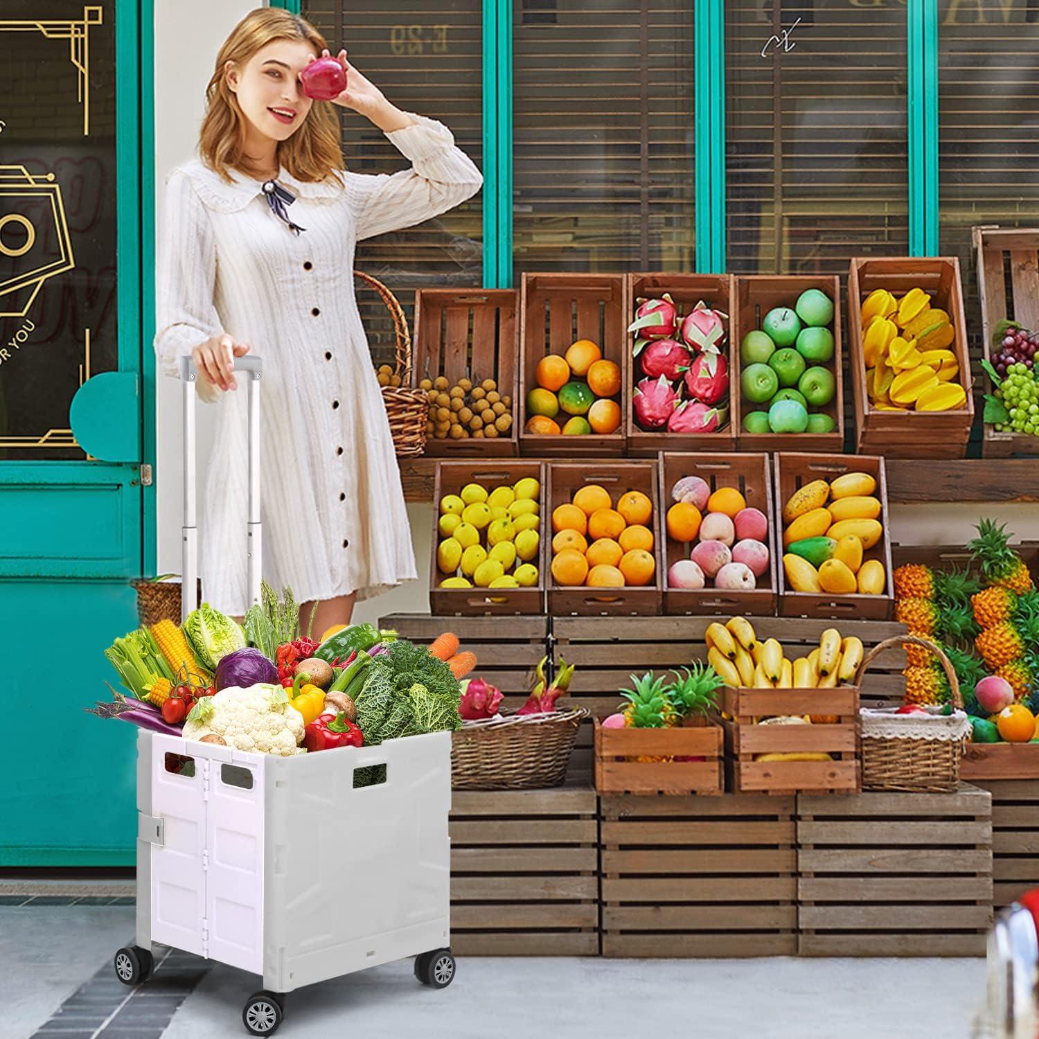 Folding Utility Cart Portable Rolling Crate Hand Truck Teacher Cart Heavy Duty Plastic Telescoping Handle Collapsible Hidden Lid Swivel Wheels for Travel Shopping Moving Office Use(Gray White)