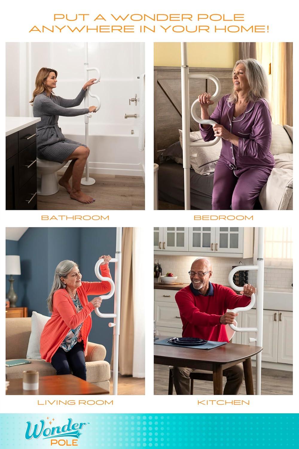Stander Wonder Pole, Security Pole and Curve Grab Bar, Bathroom Safety Rail for Elderly, Tension Mounted Floor to Ceiling Safety Assist Handle for Seniors, Supports 300 lbs, White
