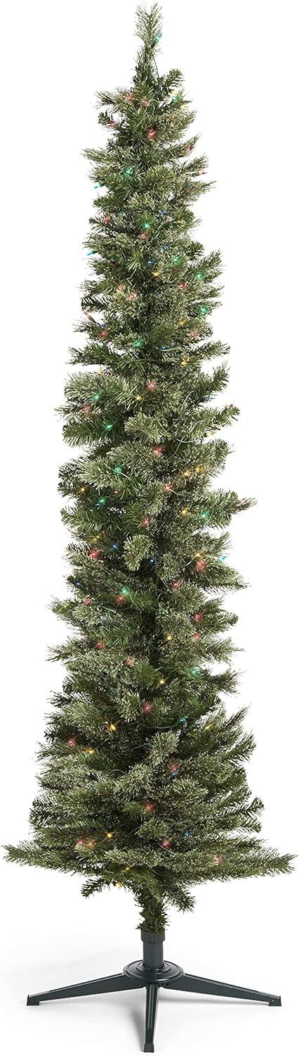 Home Heritage Pre-Lit Skinny Artificial Pine Christmas Tree with Lights and Foldable Stand