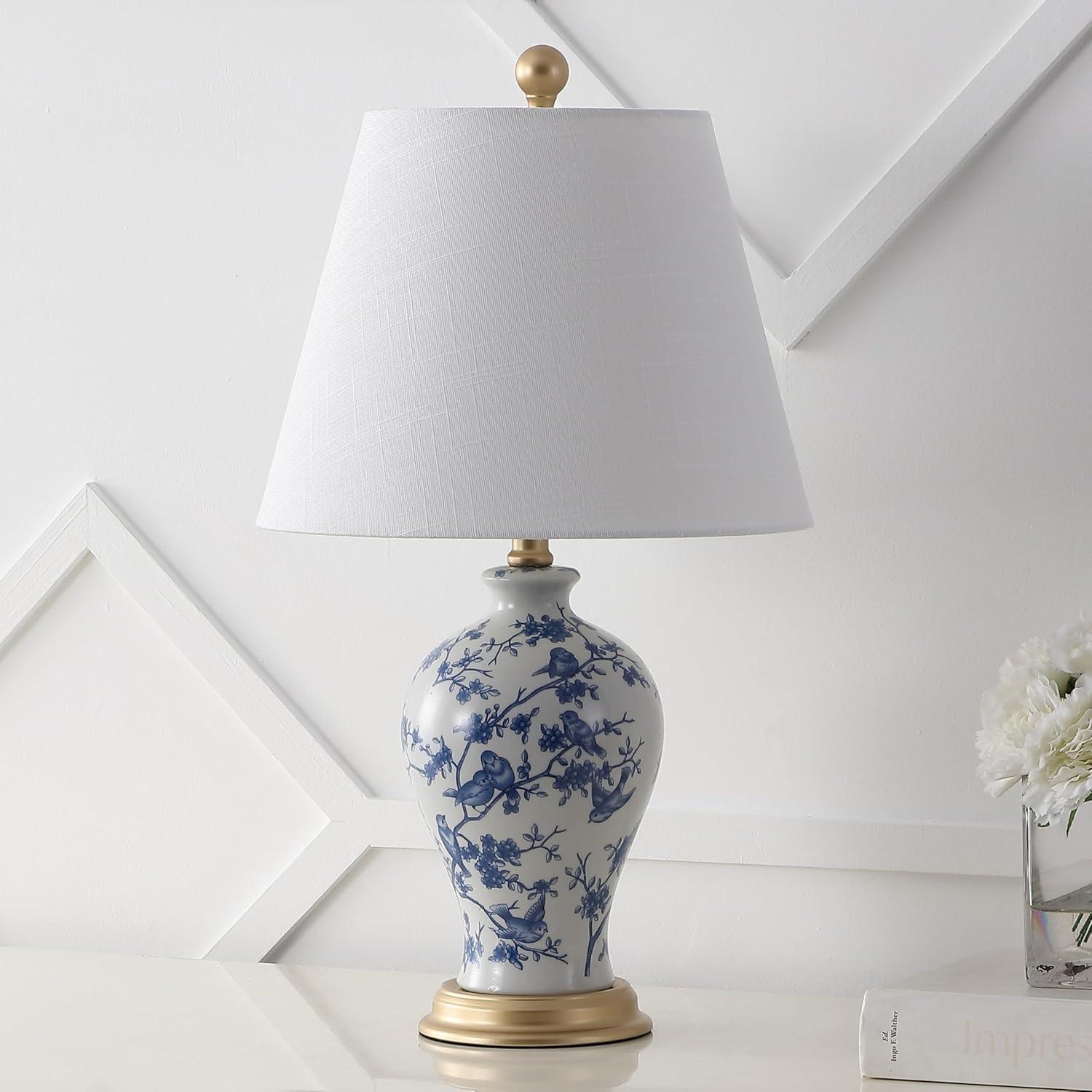 Grace 24" Blue and White Floral Ceramic Table Lamp with Brass Accents