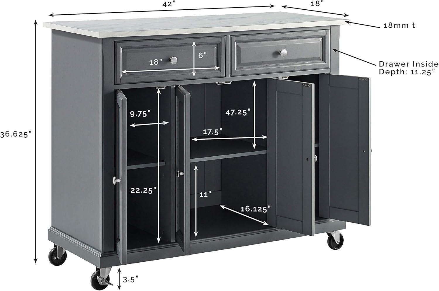 One Allium Way® Kitchen Island With Storage Shelves, Microwave Stand, Coffee Bar, Gray - Birch Veneer, Marble Finish, 2 Drawers & 3 Cabinets, Brushed Nickel Hardware