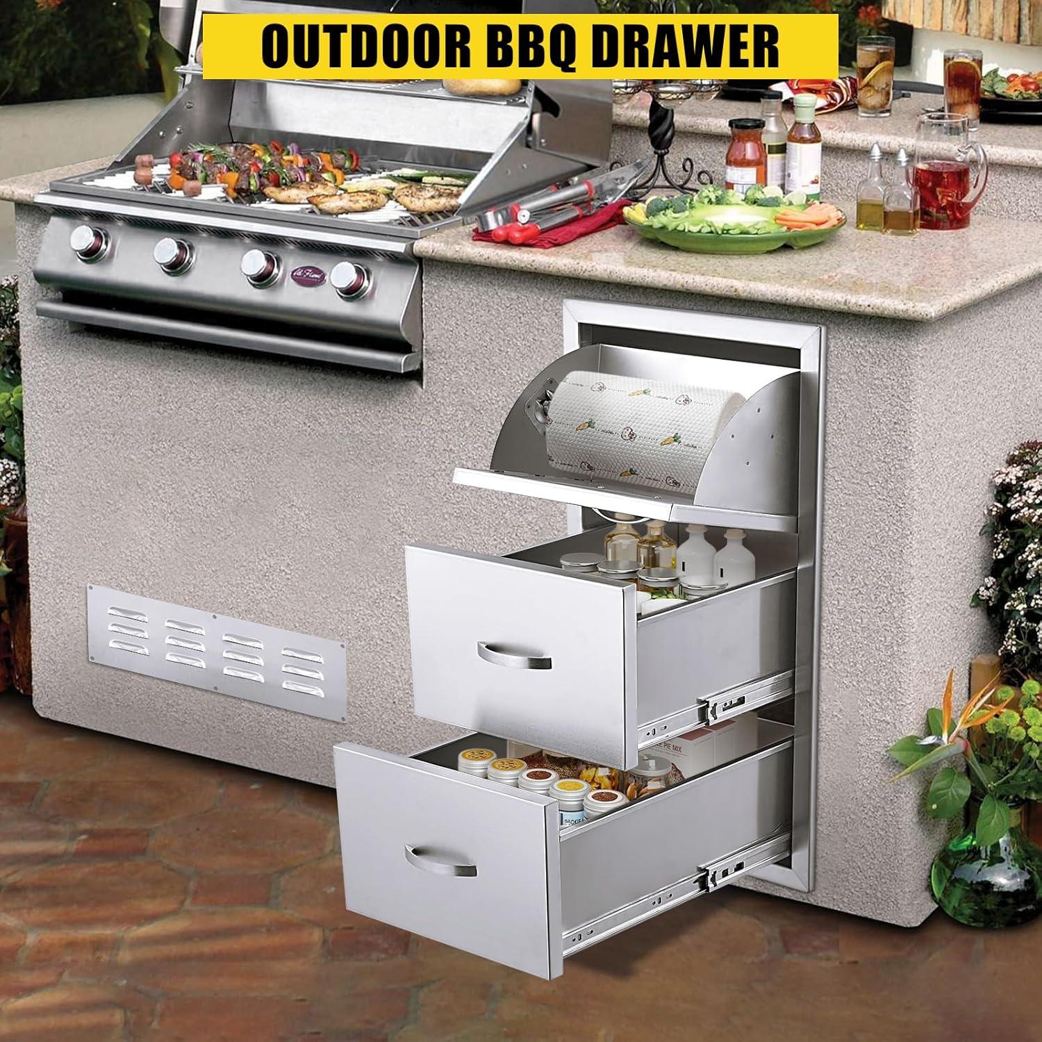 17W30H21D Inch Outdoor Kitchen Drawers Stainless Steel Double Drawer w/Paper Towel Holder Combo Works with Your Grilling or Prep Zones for Outdoor BBQ Island