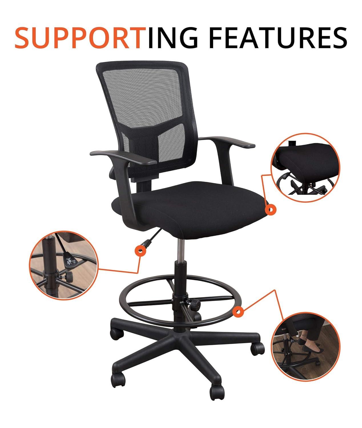 Stand Up Desk Store Sit to Stand Drafting Task Stool Chair for Standing Desks with Adjustable Footrest and Armrests (Black)