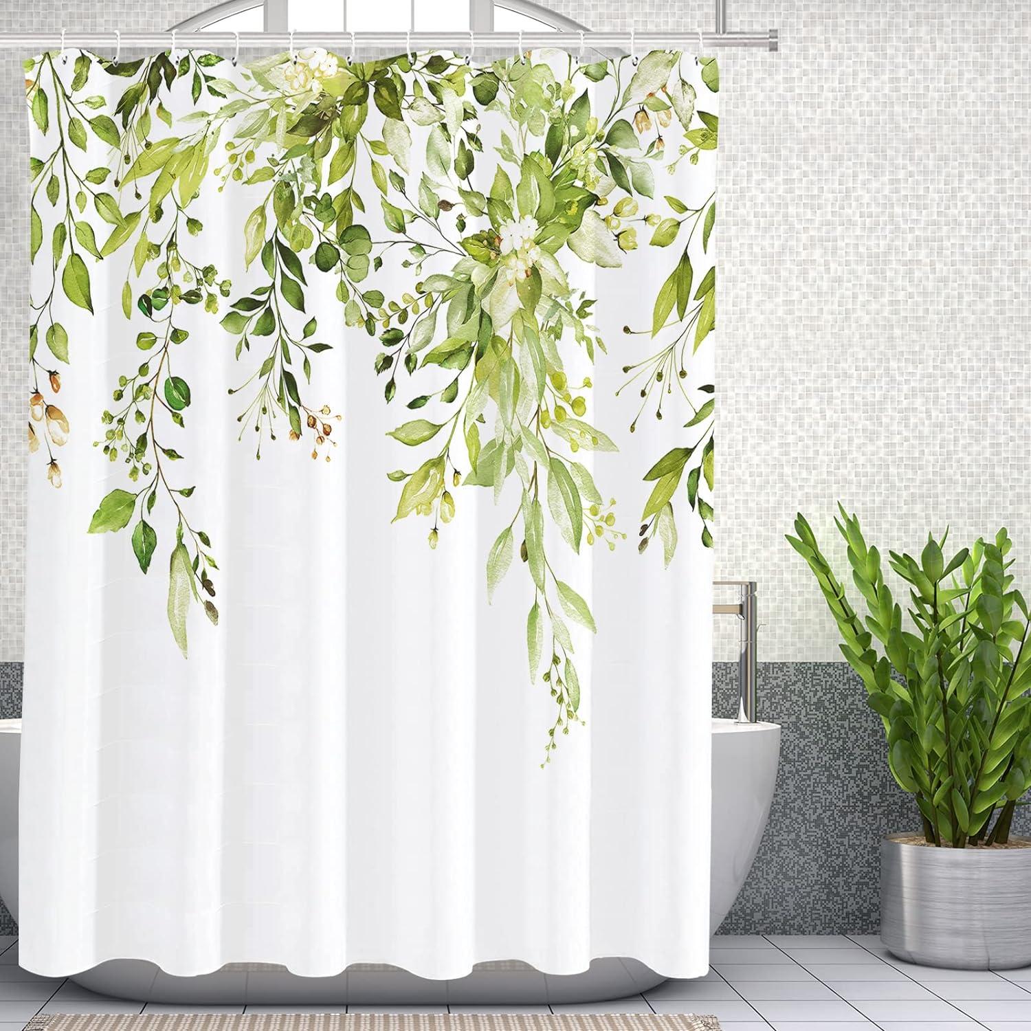 Eucalyptus Watercolor Leaves Semi-Sheer Waterproof Shower Curtain