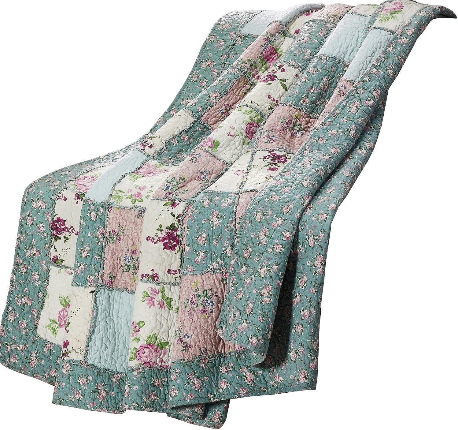 Chezmoi Collection 1-Piece Floral Patchwork 100% Cotton Quilted Throw