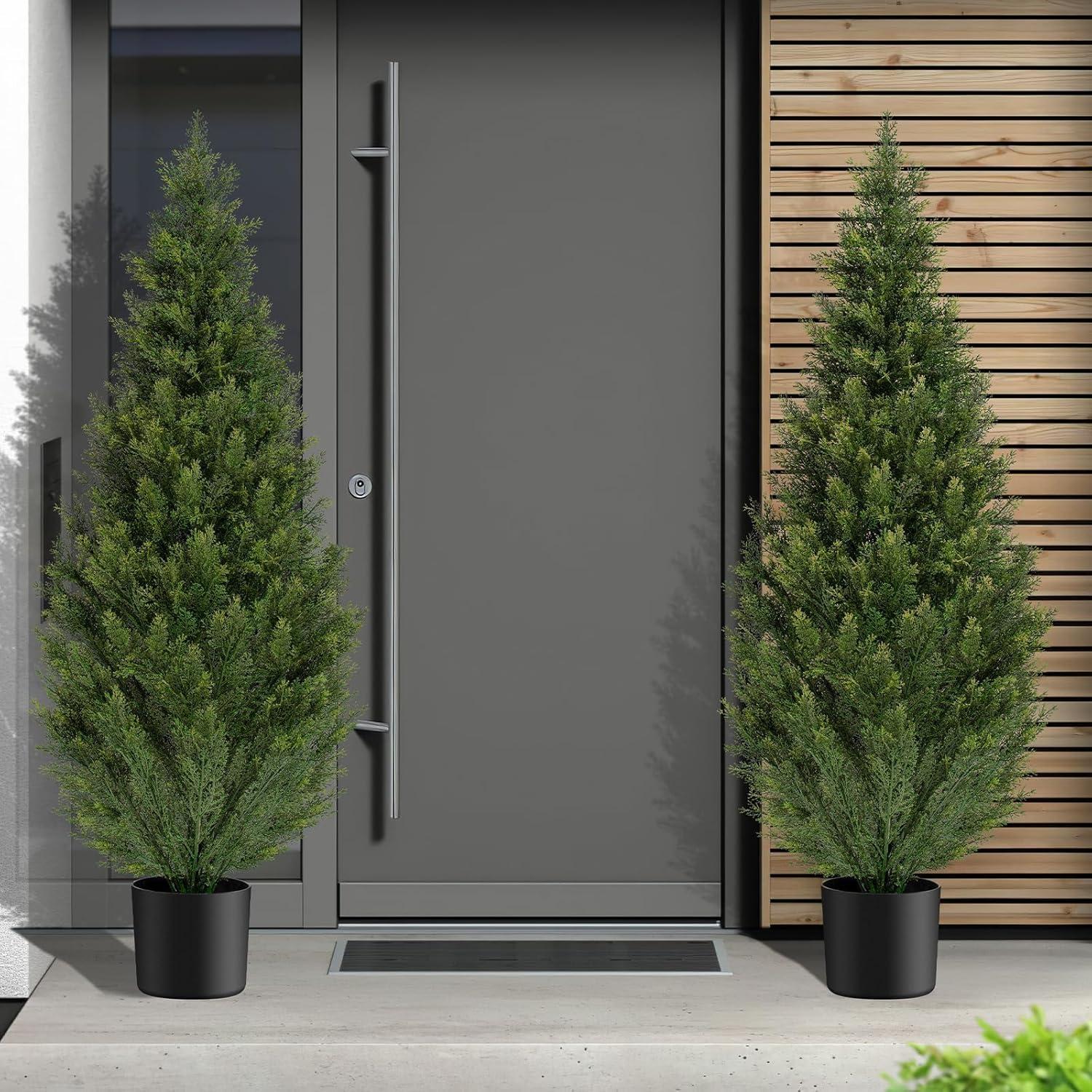 Artificial Cedar Tree 2 Pack 4 ft Outdoor Artificial Topiary Cedar Plants Fake Tree UV Rated Potted Tree for Perfect Housewarming Gift, Set of 2