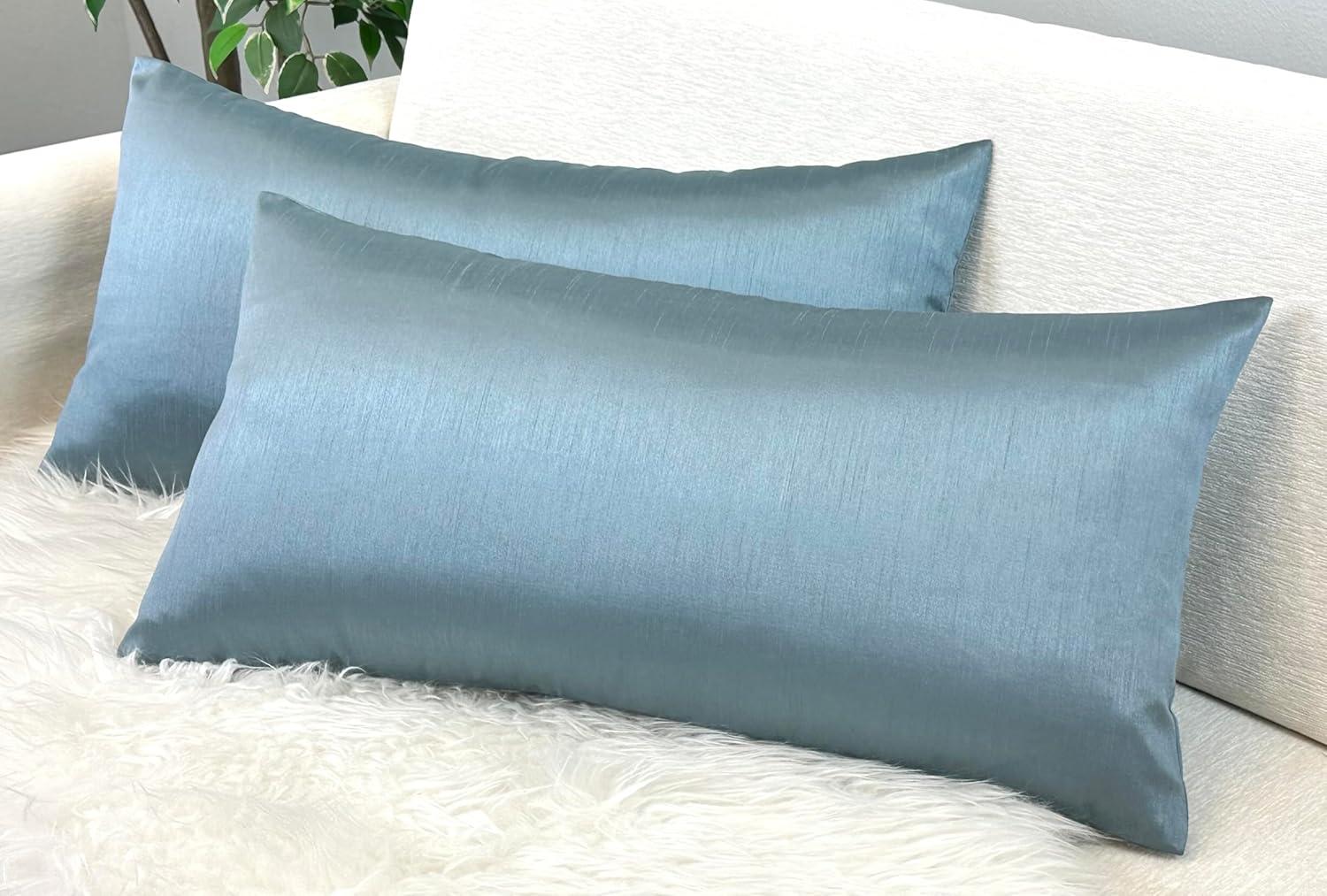 Slate Blue Faux Silk Rectangular Lumbar Pillow Covers, 12x24, Set of 2