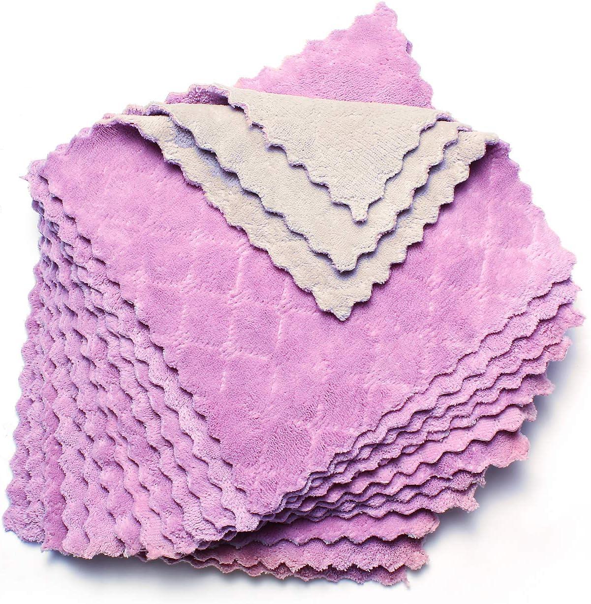 12 Pack Kitchen Cloth Dish Towels 10"x10", Premium Dishcloths, Super Absorbent Coral Velvet Dishtowels, Nonstick Oil Washable Fast Drying (Purple-Grey)