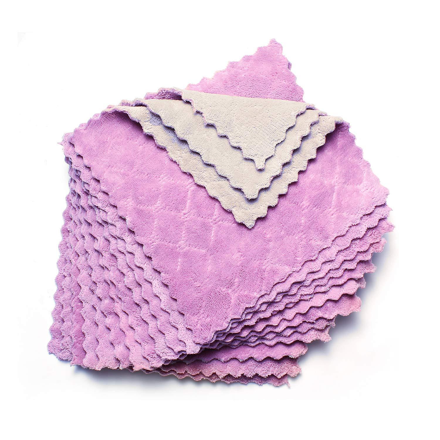12 Pack Kitchen Cloth Dish Towels 10"x10", Premium Dishcloths, Super Absorbent Coral Velvet Dishtowels, Nonstick Oil Washable Fast Drying (Purple-Grey)