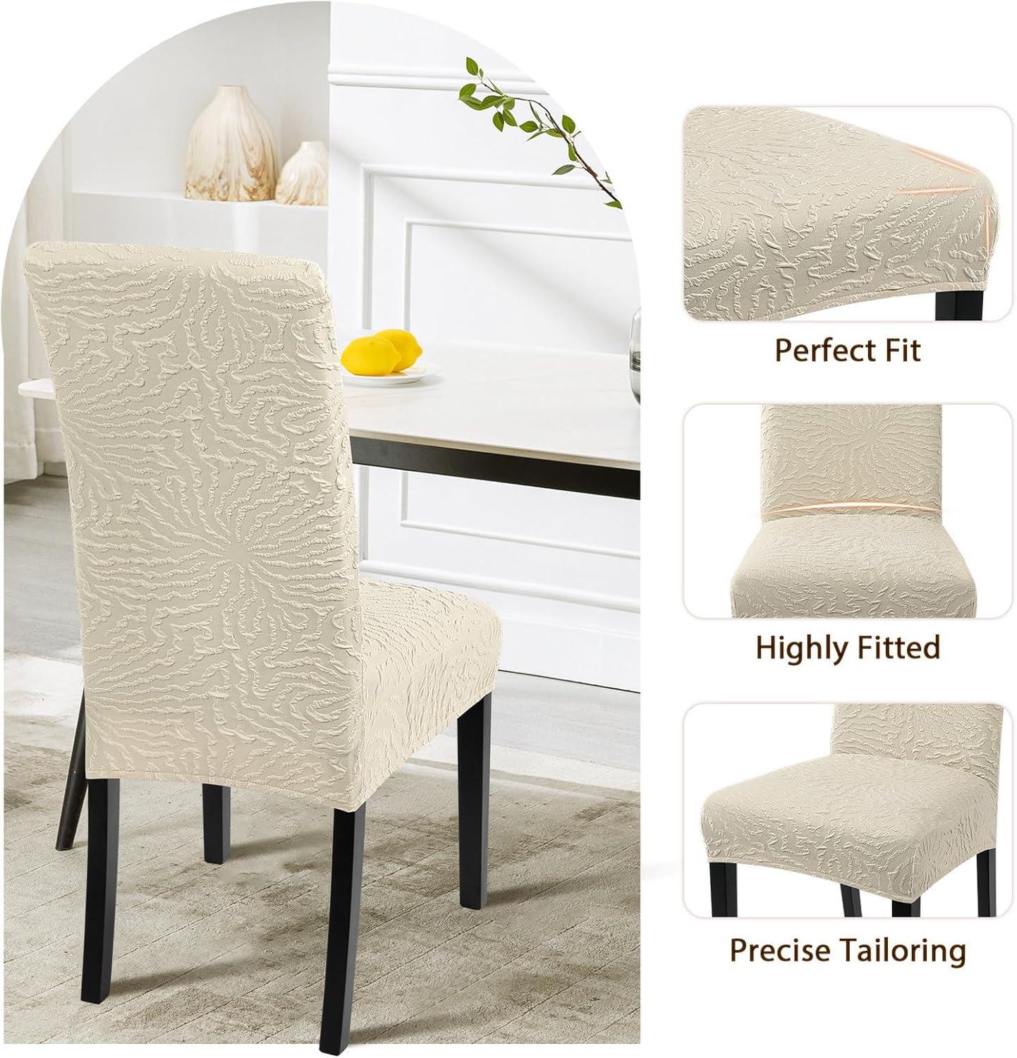 Beige Stretch Jacquard Dining Chair Covers, Set of 4