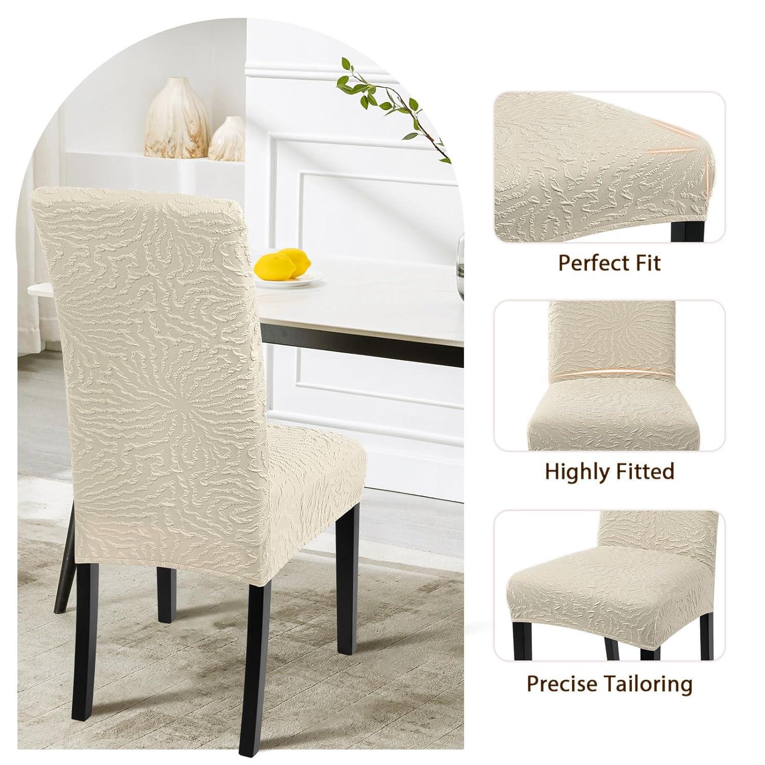 Beige Stretch Jacquard Dining Chair Covers, Set of 4