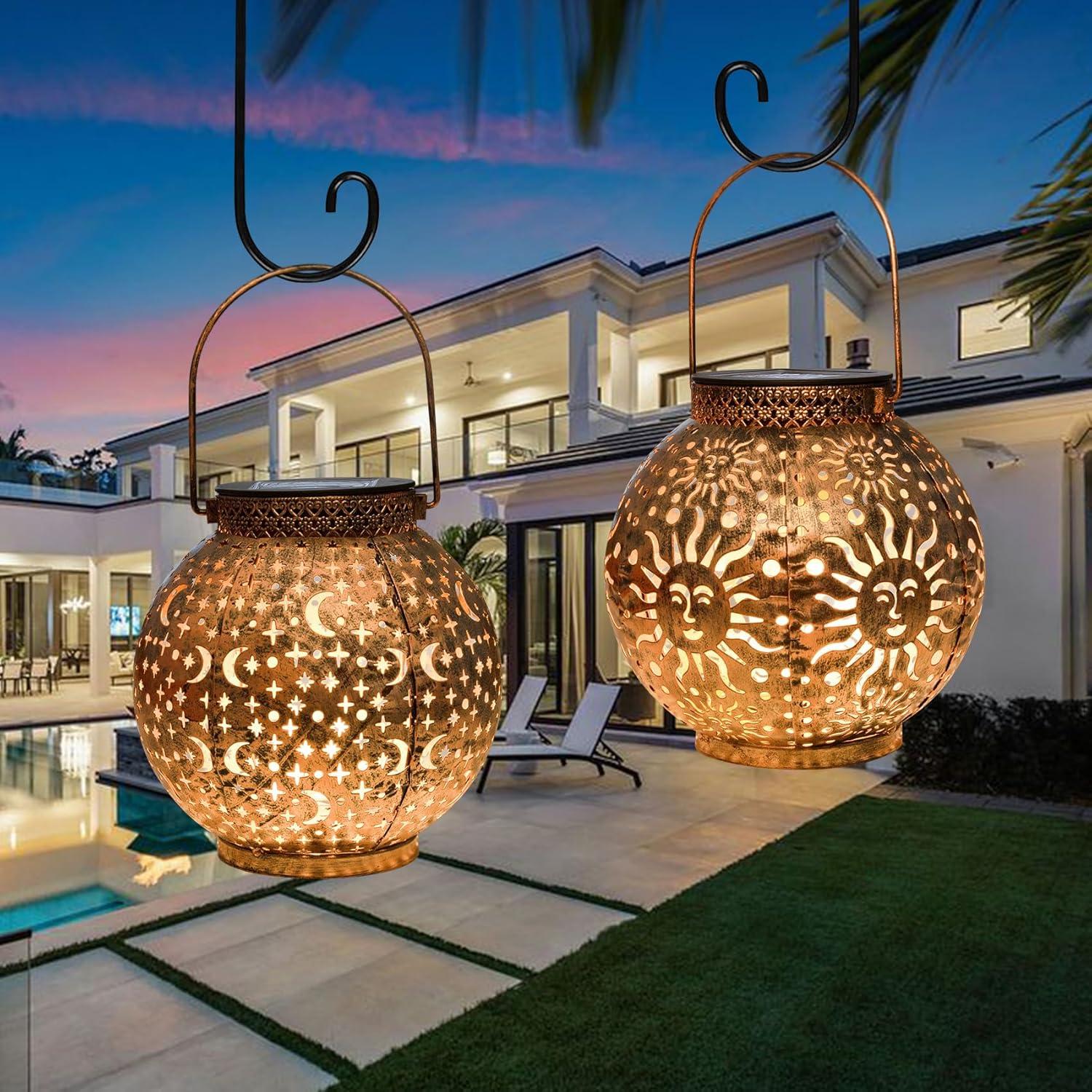 Solar Large Lantern Outdoor Hanging Lights Metal Decorative Garden Lights Waterproof Table Lamp for Patio, Courtyard, Party Decorations (1 Pack, Teal Blue)
