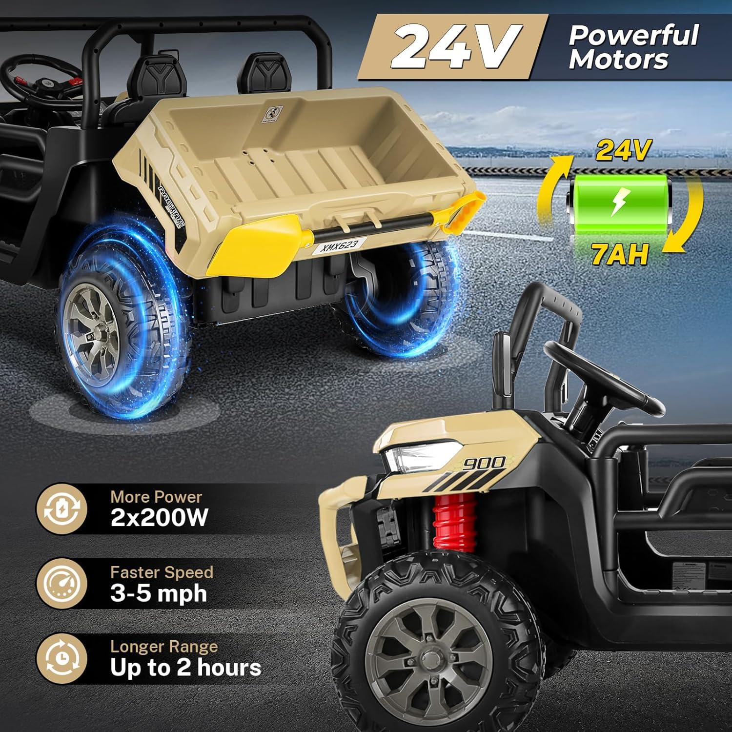 JOYRACER 24V 2 Seater Ride On Dump Truck with Remote Control , Electric UTV Car with Electric Dump Bed, 4WD Power Ride Cars W/6 Wheels Ride On Toys with Shovel Music Player