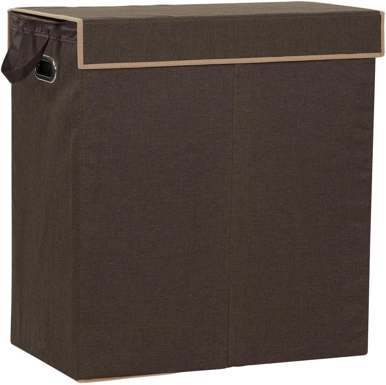 Double Laundry Hamper with Lid, Two Compartments for Easy Sorting with Removable Liner, Collapsible, Brown Linen 5614