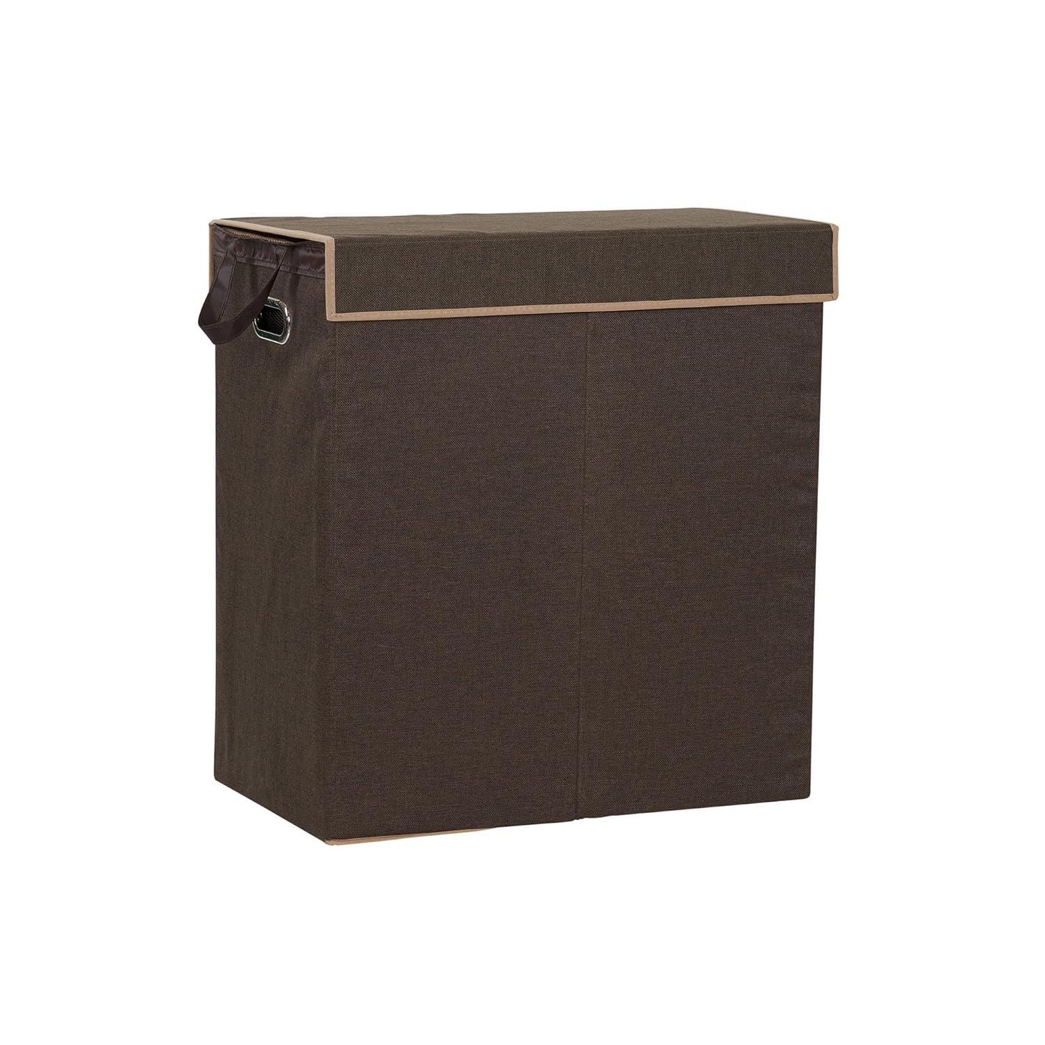 Double Laundry Hamper with Lid, Two Compartments for Easy Sorting with Removable Liner, Collapsible, Brown Linen 5614