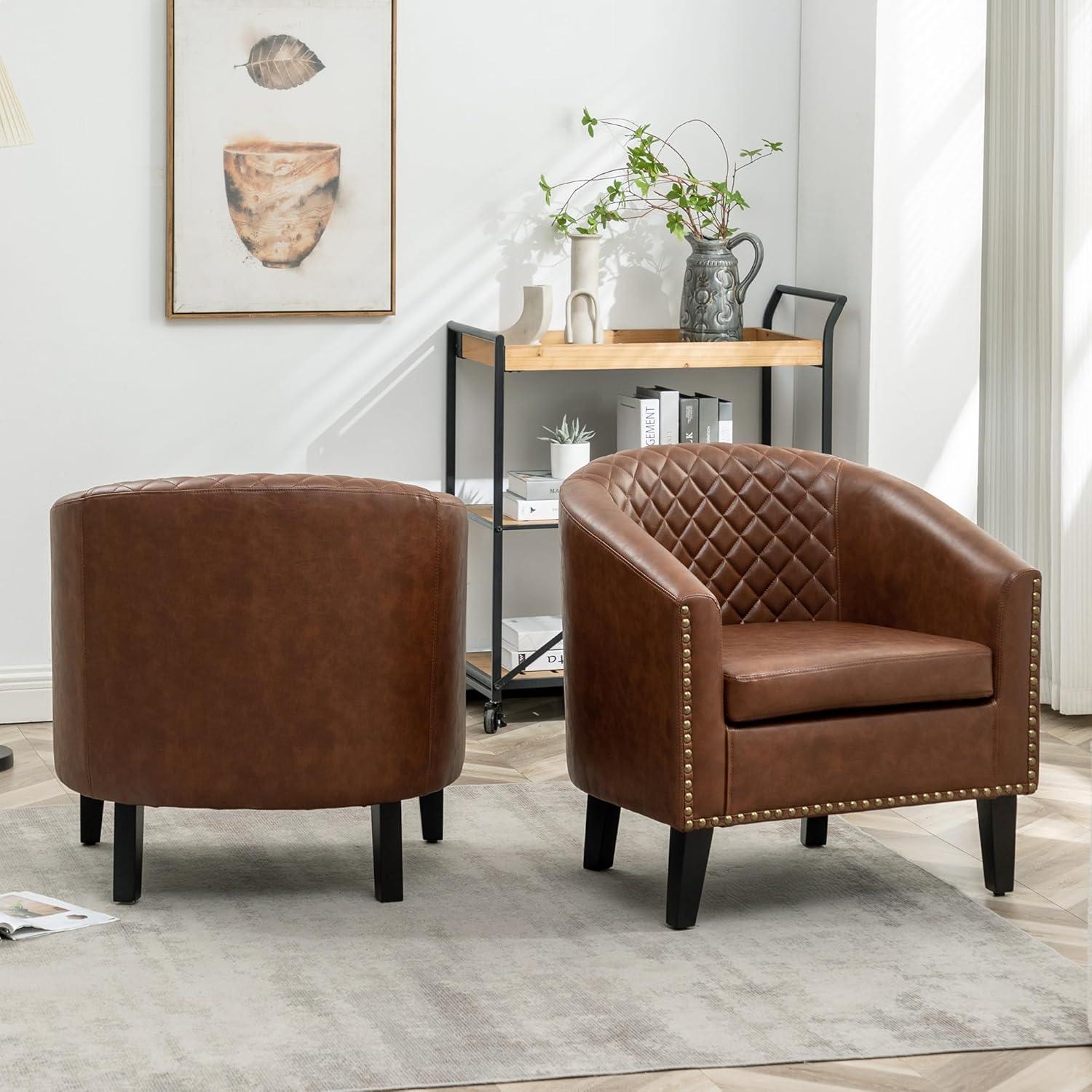 Brown Faux Leather Barrel Chairs with Nailhead Trim, Set of 2