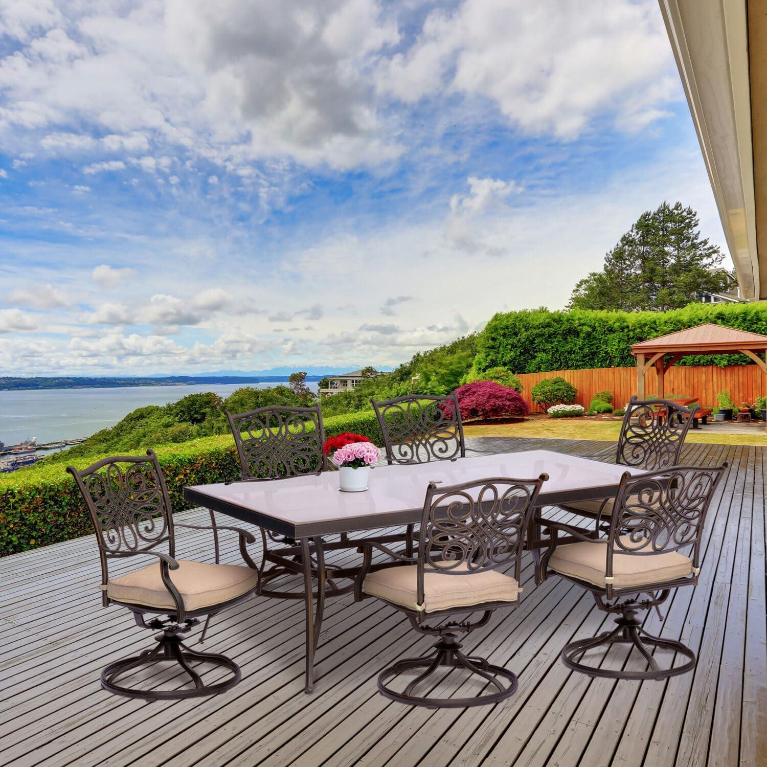 Hanover Traditions 7-Piece Dining Set in Blue with Extra Large Glass-Top Dining Table