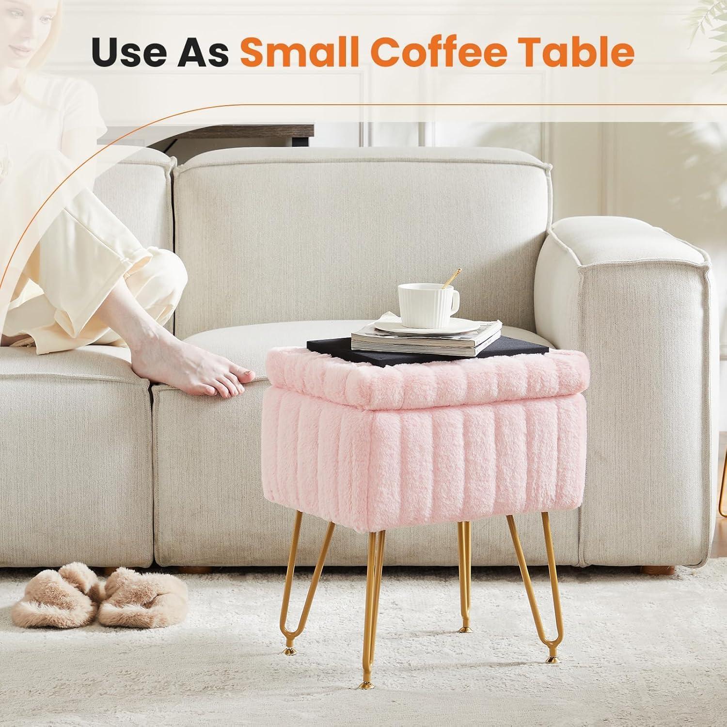 Vanity Stool Chair with Storage, Ottoman Faux Fur Soft Padded Makeup Footstools Seat with 4 Metal Legs