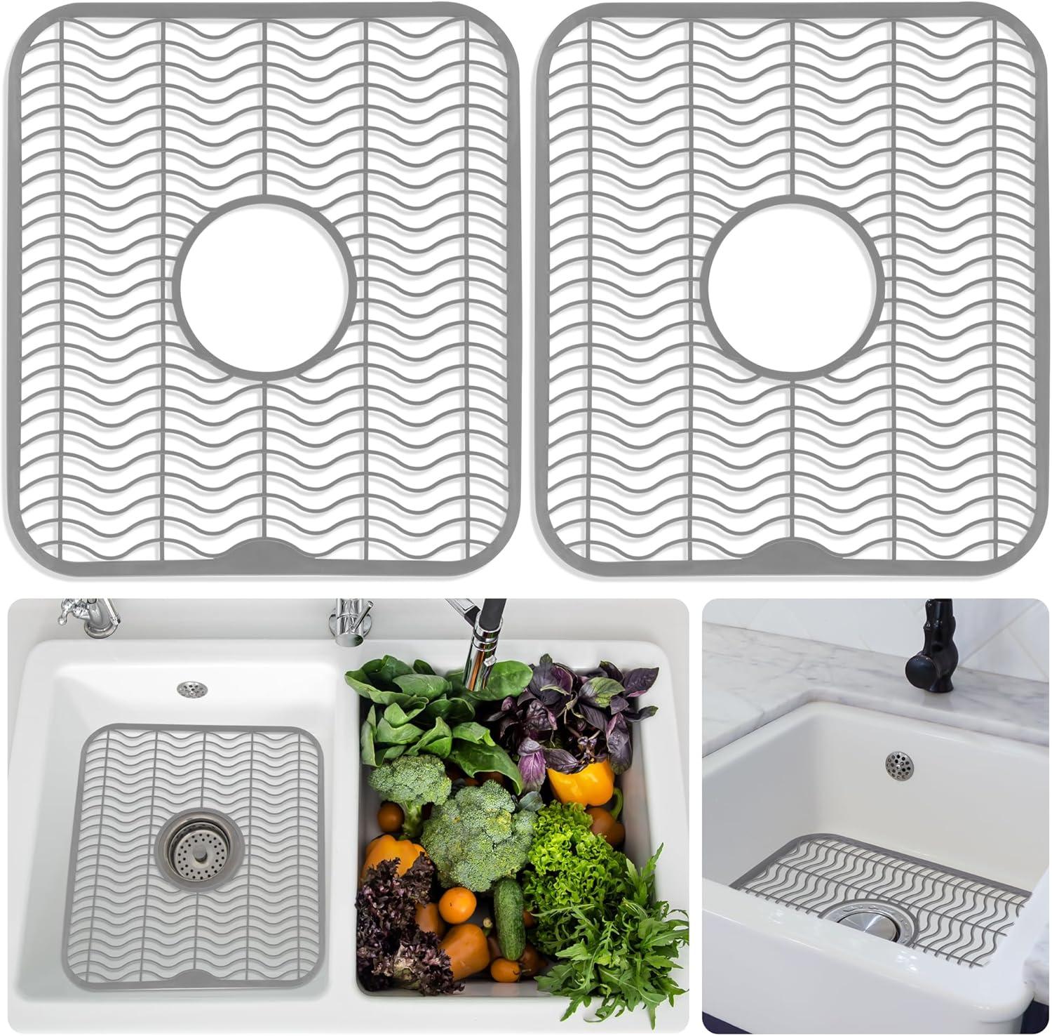 Gray Plastic Sink Protectors, 12" x 11" Kitchen Mat, 2 Pack