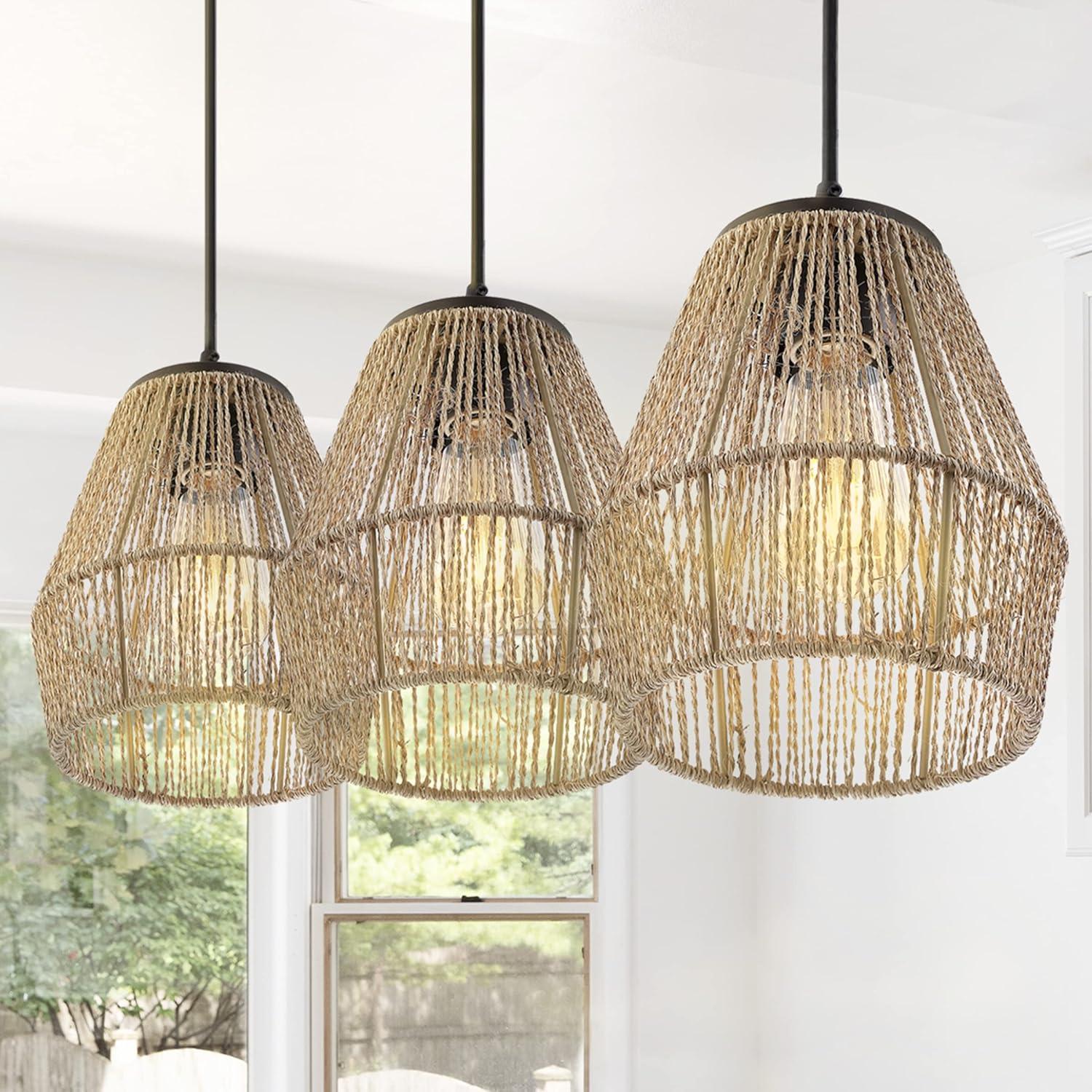 Ibiza Island 30" 3-Light Seagrass and Metal Pendant