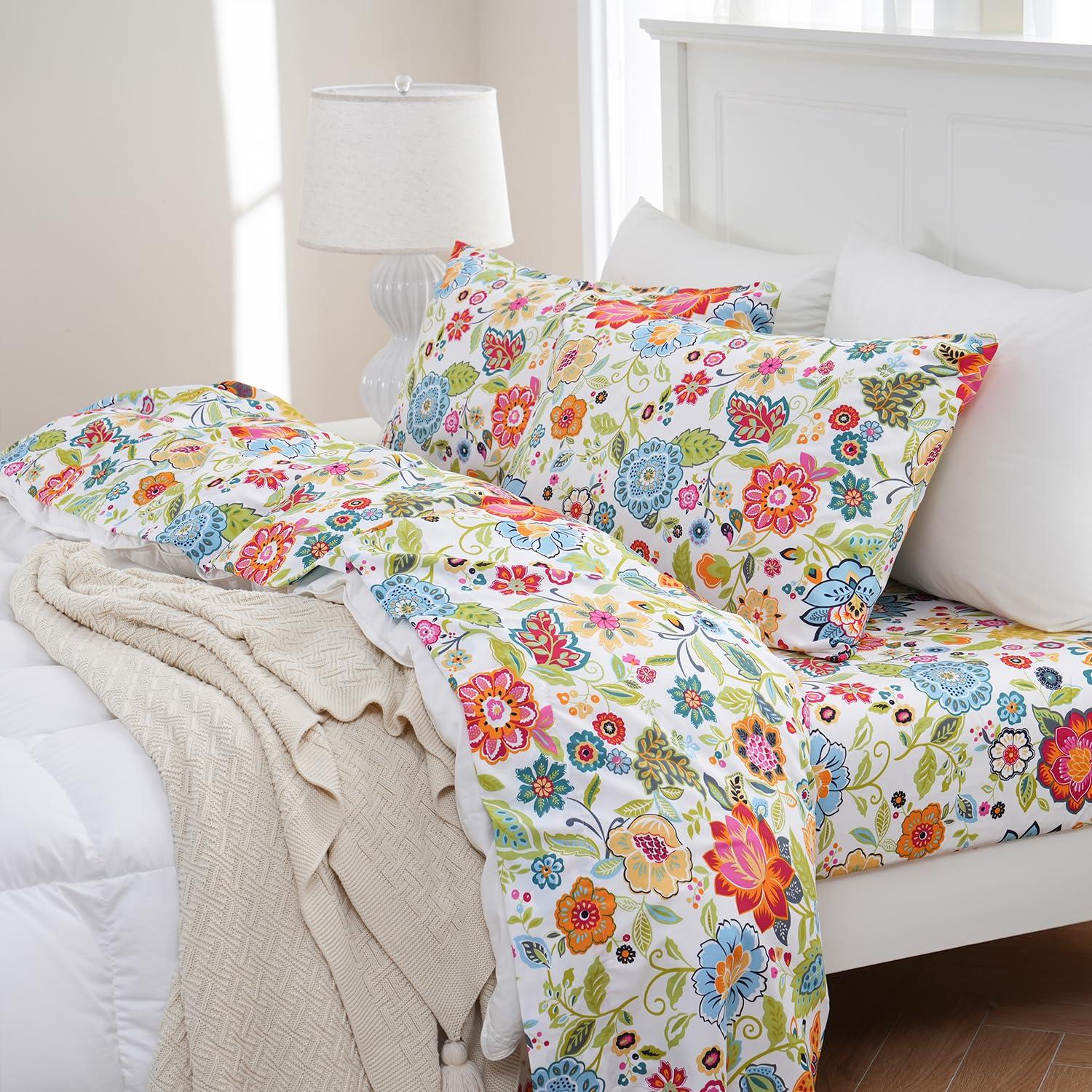 MEISHANG Queen Sheet Set - Floral Sheets Deep Pocket Ultra Soft Brushed Microfiber with Up to 16" Mattresses - Wrinkle Free - 4 Pieces(Queen,Spring Flower)