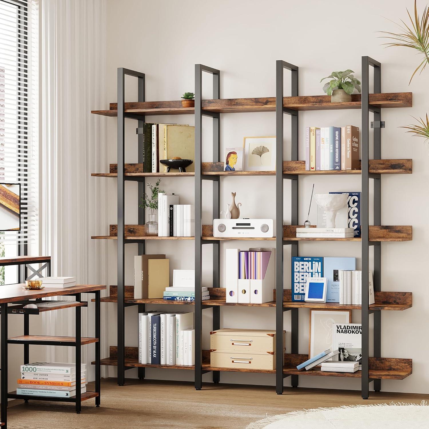 Industrial Vintage Brown 5-Tier Triple Wide Bookshelf