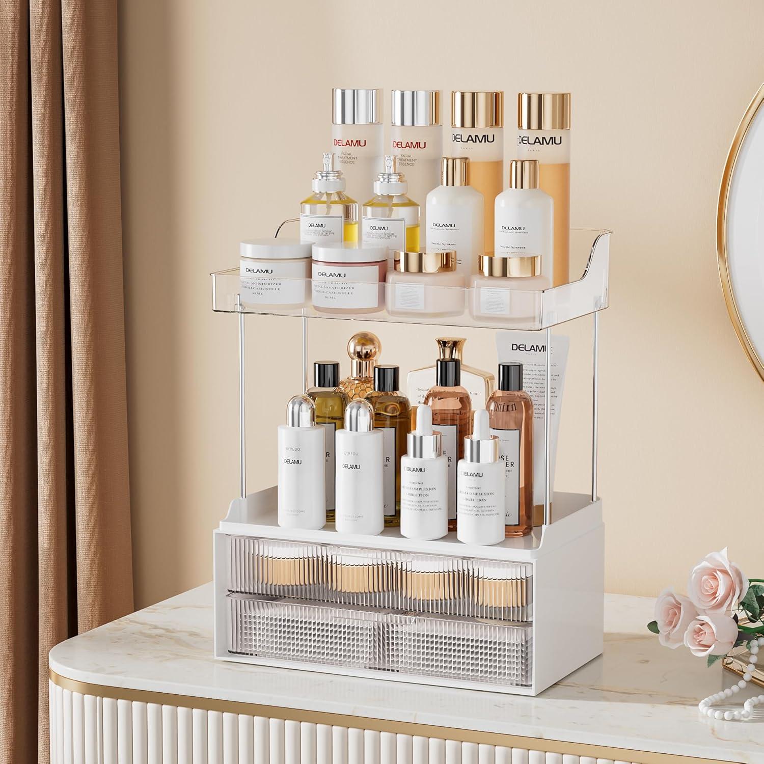 2-Tier 2-Drawer Bathroom Counter Organizer, Elegant Makeup Organizer, Easy To Install, Suitable As Bathroom Organizers And Storage, Vanity And Countertop Organizer