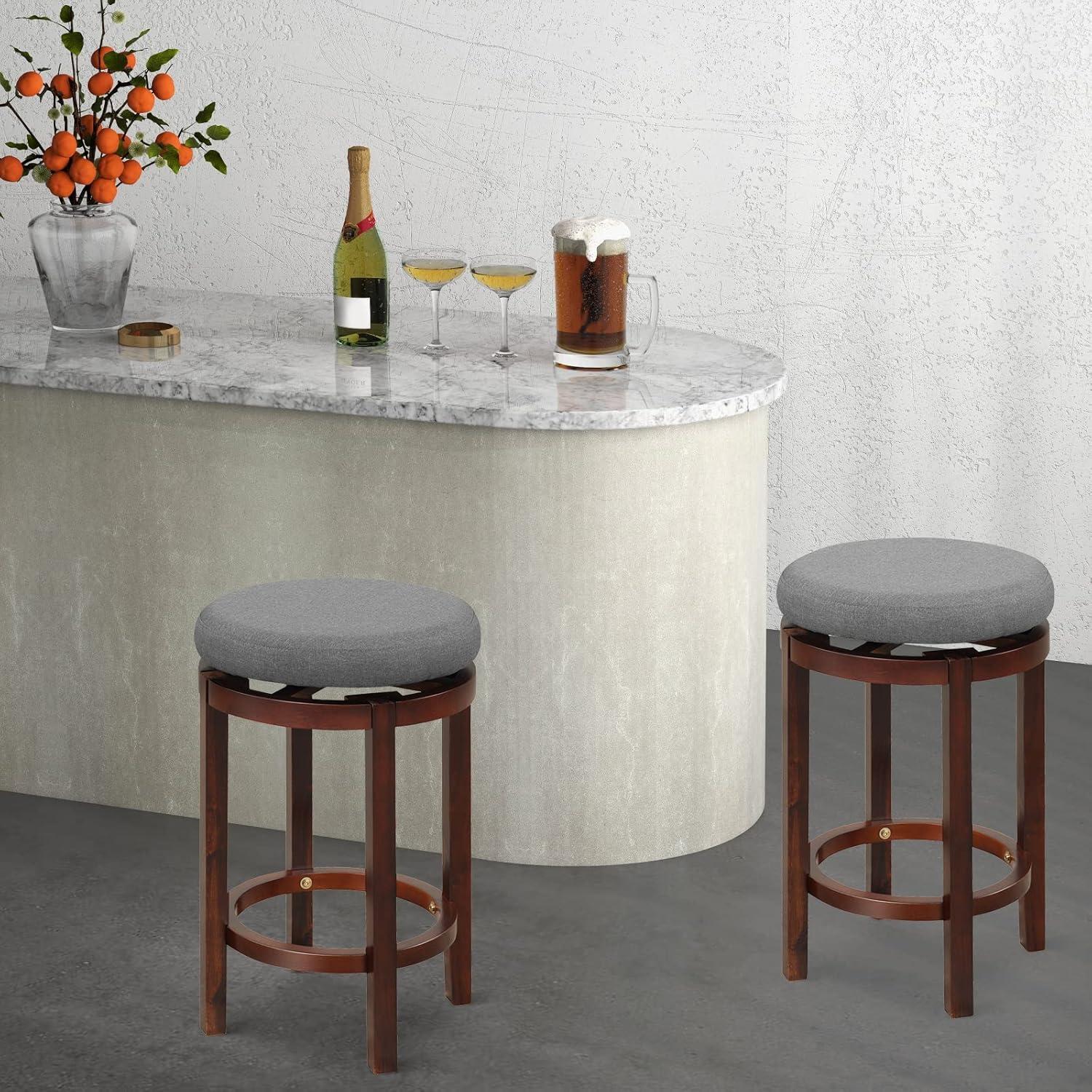 Costway Set of 2 Upholstered Swivel Round Bar Stools 26'' Wooden Pub Kitchen Chairs Gray