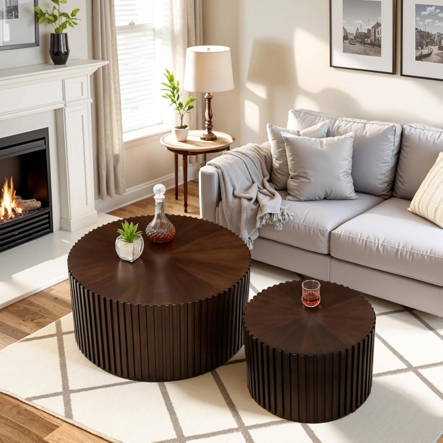 Handcraft Round Coffee Table Set of 2,Brown Nesting Side Table End Table,Modern Drum Side Table for Small Space,Living Room,Office,Bedroom-Cuddlewood