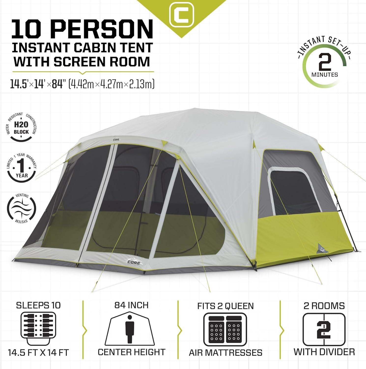 Core Equipment 10 Person Instant Cabin Tent with Screen Room - Green