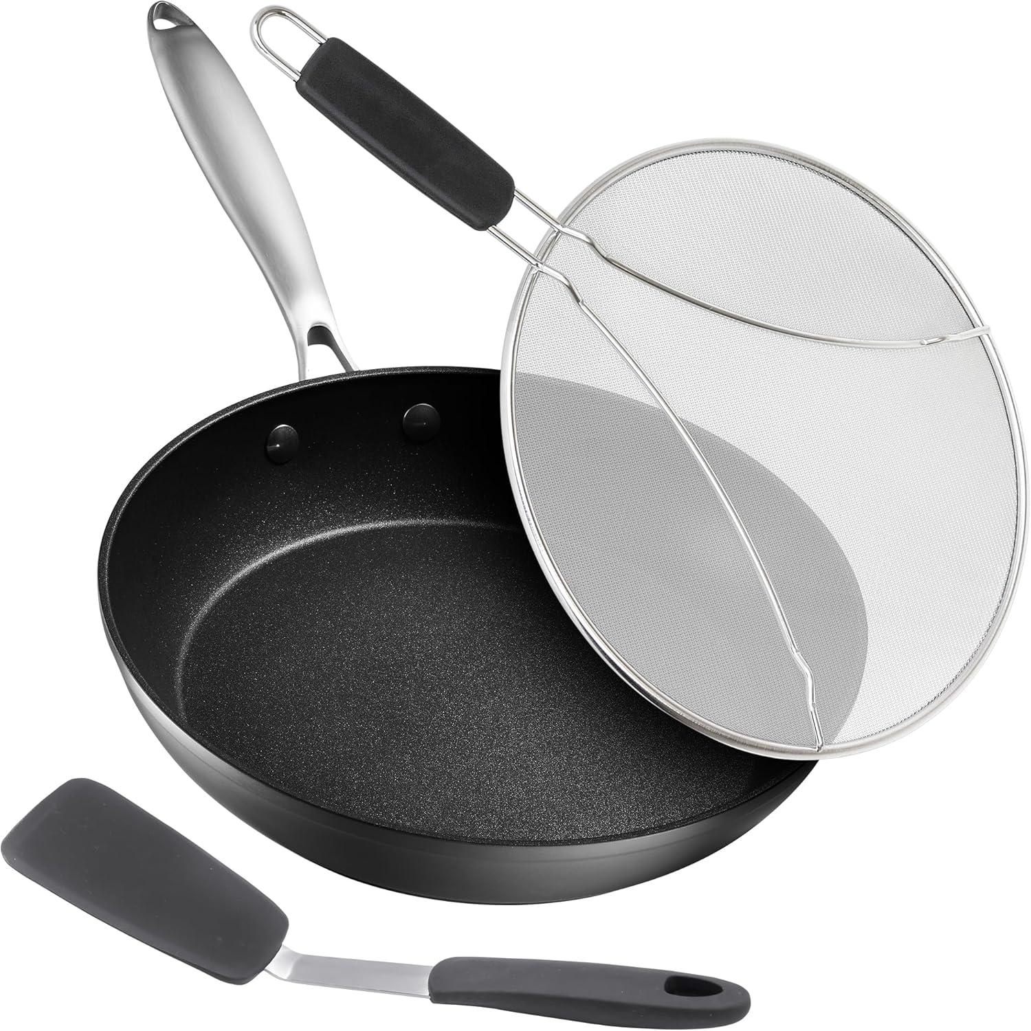 10-Inch Non-Stick Stainless Steel Frying Pan with Lid and Spatula