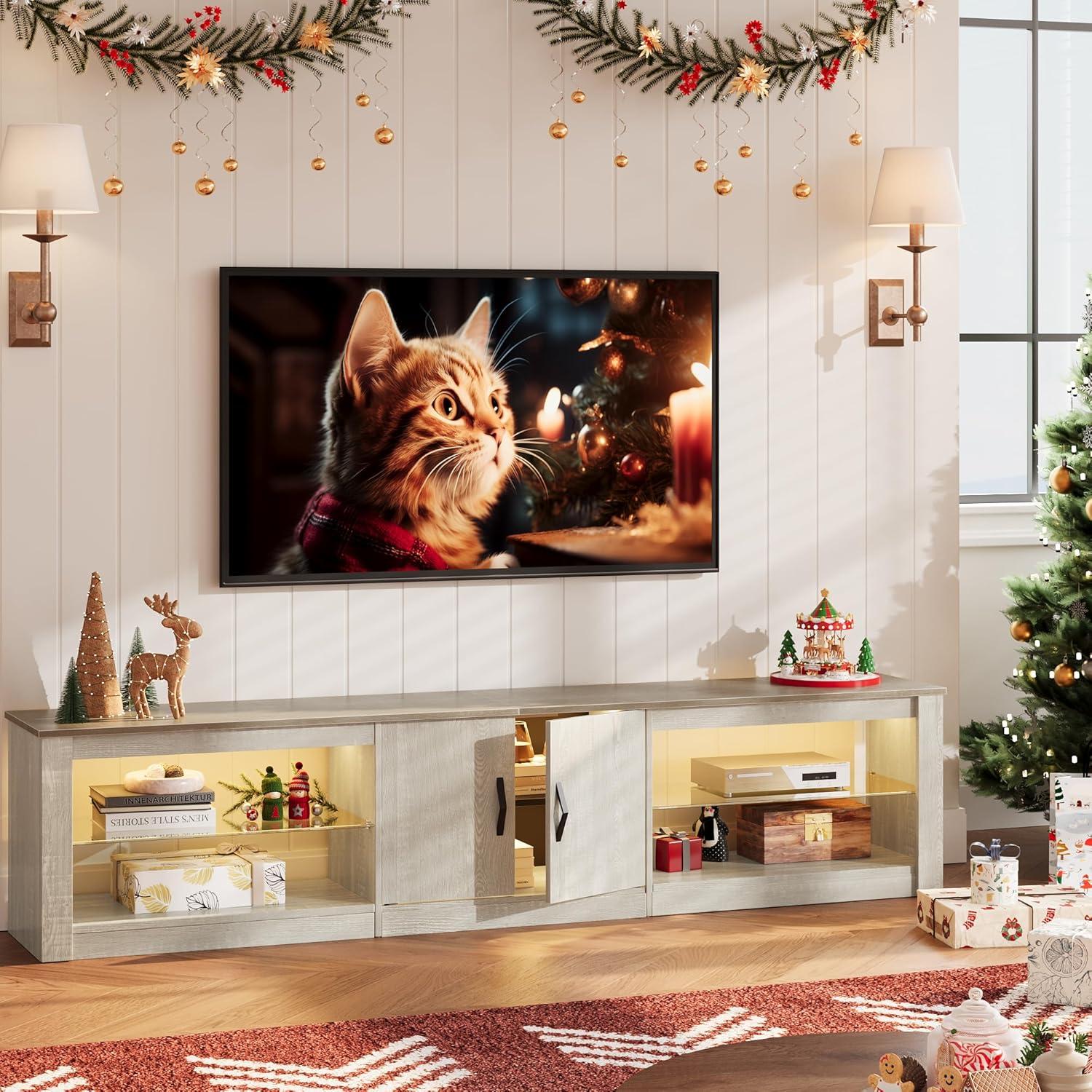 Bestier 80 Inch TV Stand for 75/77/85/86 inch TVs, LED Gaming Entertainment Center for PS5 with Storage Cabinet &Adjustable Glass Shelves, Modern TV Console Table for Living Room Bedroom, Wash White