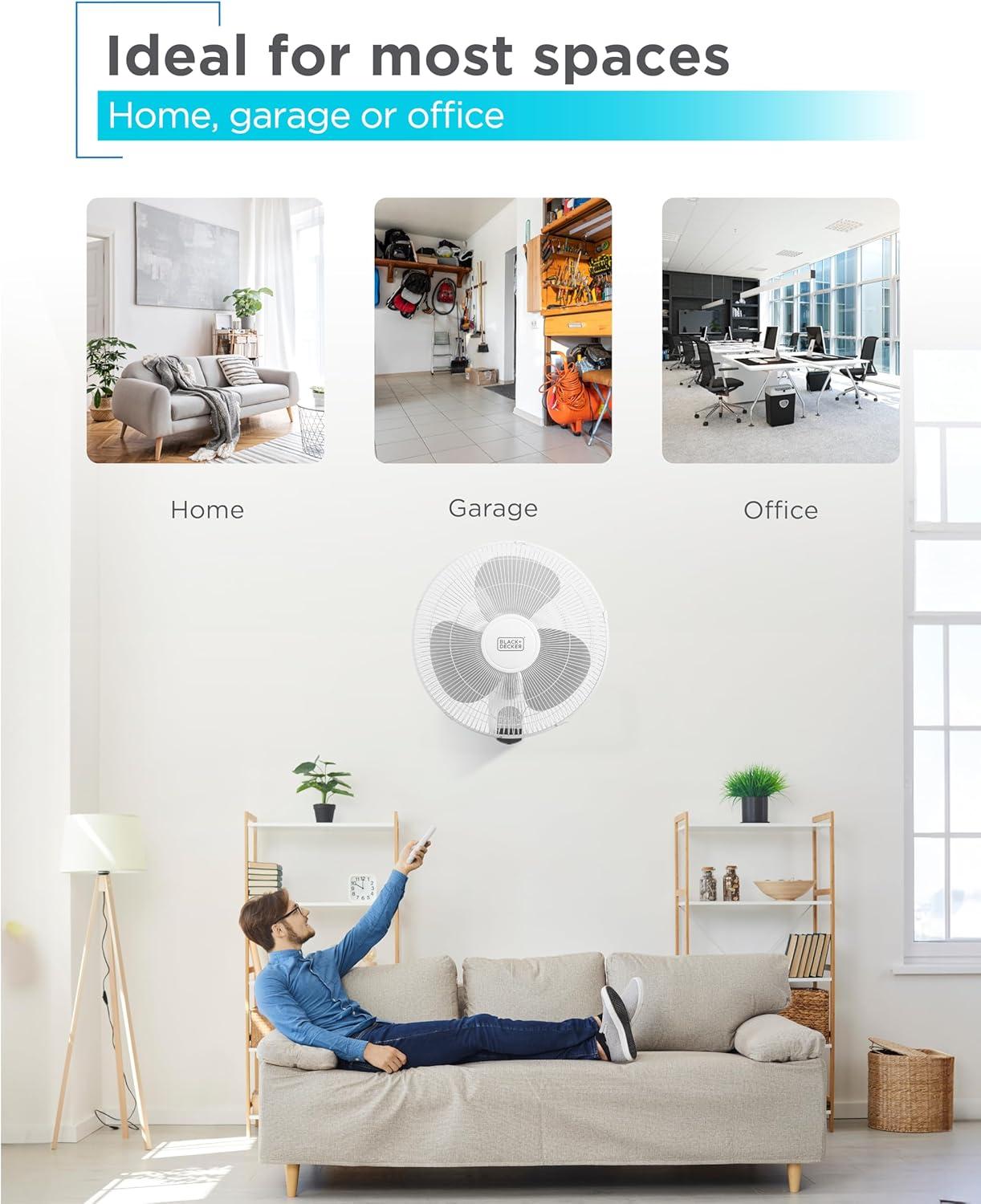 BLACK+DECKER BFP Series BLACK+DECKER 16" Wall Fan with Remote Control, Oscillating Fan with 3 Speed Settings