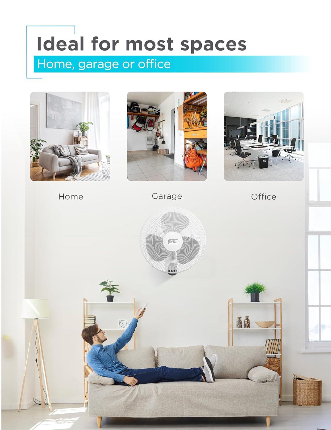 BLACK+DECKER BFP Series BLACK+DECKER 16" Wall Fan with Remote Control, Oscillating Fan with 3 Speed Settings