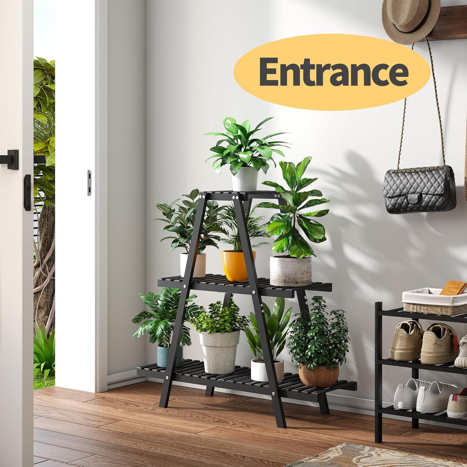 Bamboo Plant Stand Indoor/Outdoor, 3-Tier, Black, Rectangular, 8 Potted Flower Holder Ladder Plant Rack