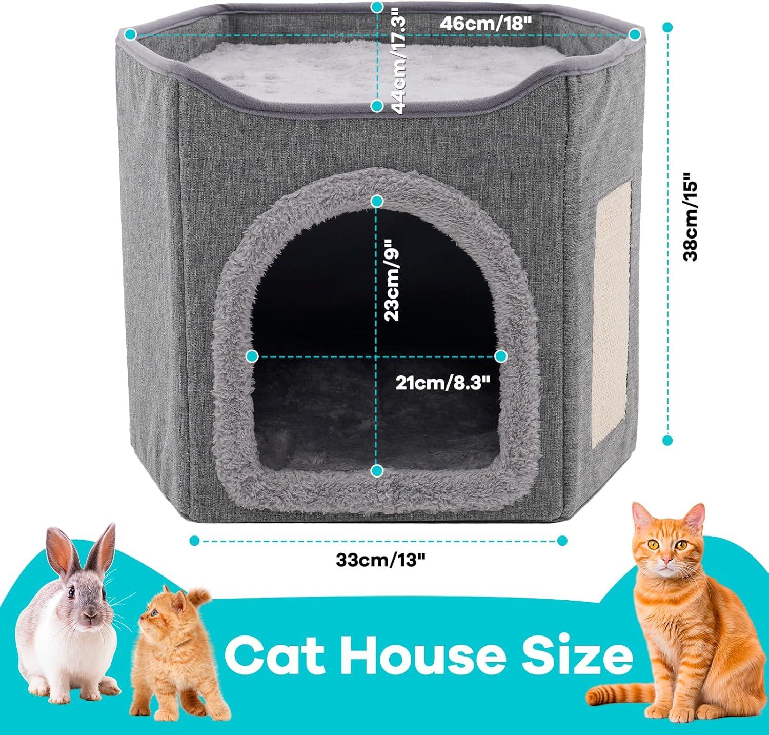 Cat Bed for Indoor Cats Cube House, Covered Cat Cave Beds & Furniture with Scratch Pad and Hideaway Tent, Cute Modern Cat Condo for Multi Small Pet Large Kitten Kitty, Dark Grey