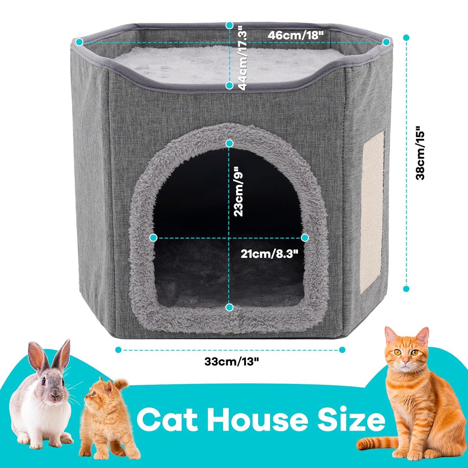 Cat Bed for Indoor Cats Cube House, Covered Cat Cave Beds & Furniture with Scratch Pad and Hideaway Tent, Cute Modern Cat Condo for Multi Small Pet Large Kitten Kitty, Dark Grey