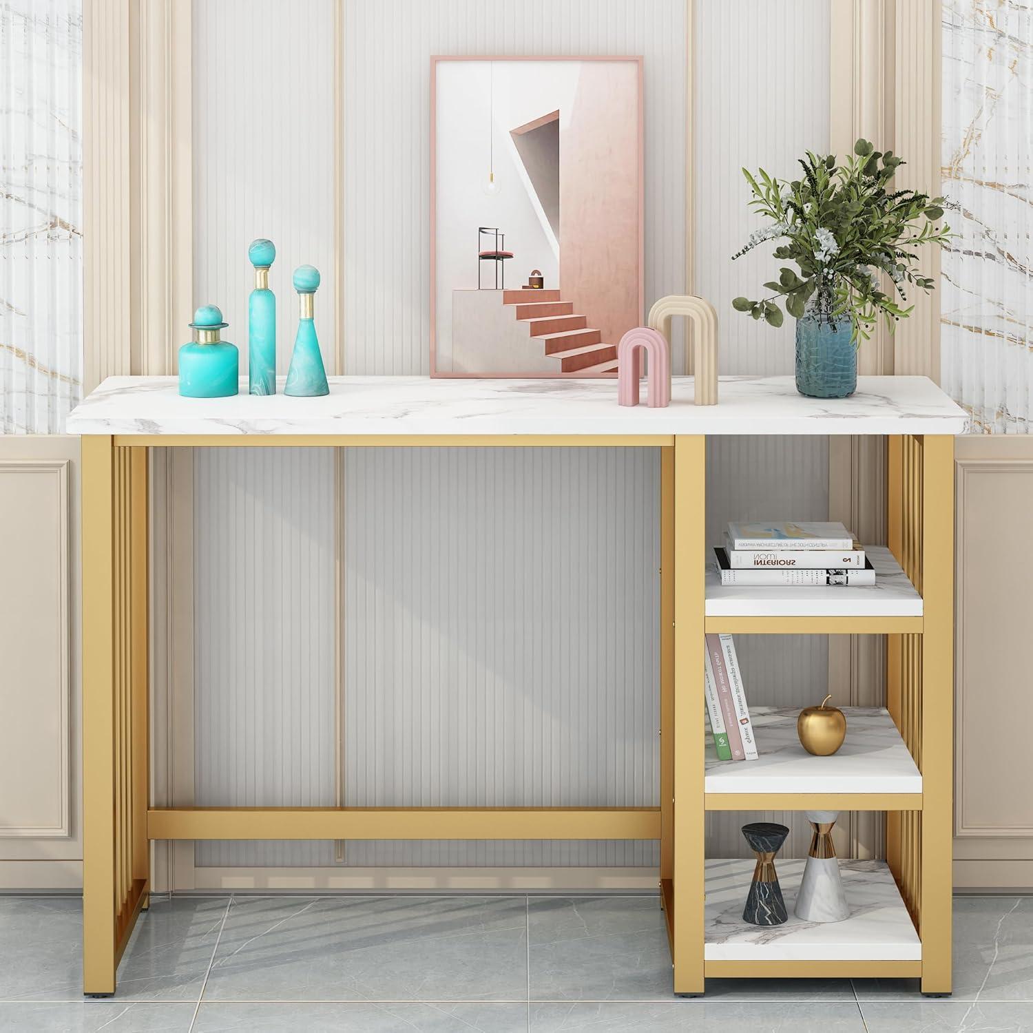 Gold and White Faux Marble Console Table with Storage Shelves